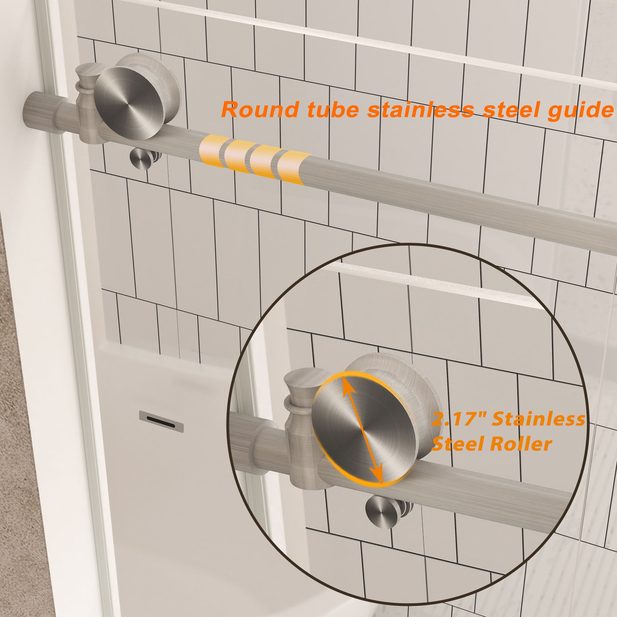 Frameless shower door 44-48 inch brushed nickel glass detail