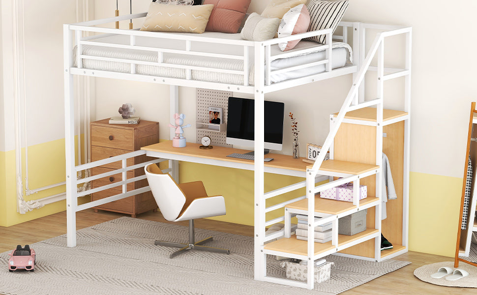 Full Size Metal Loft Bed with Desk, Storage Staircase and Small Wardrobe, Storage stairs can be installed left and right, White