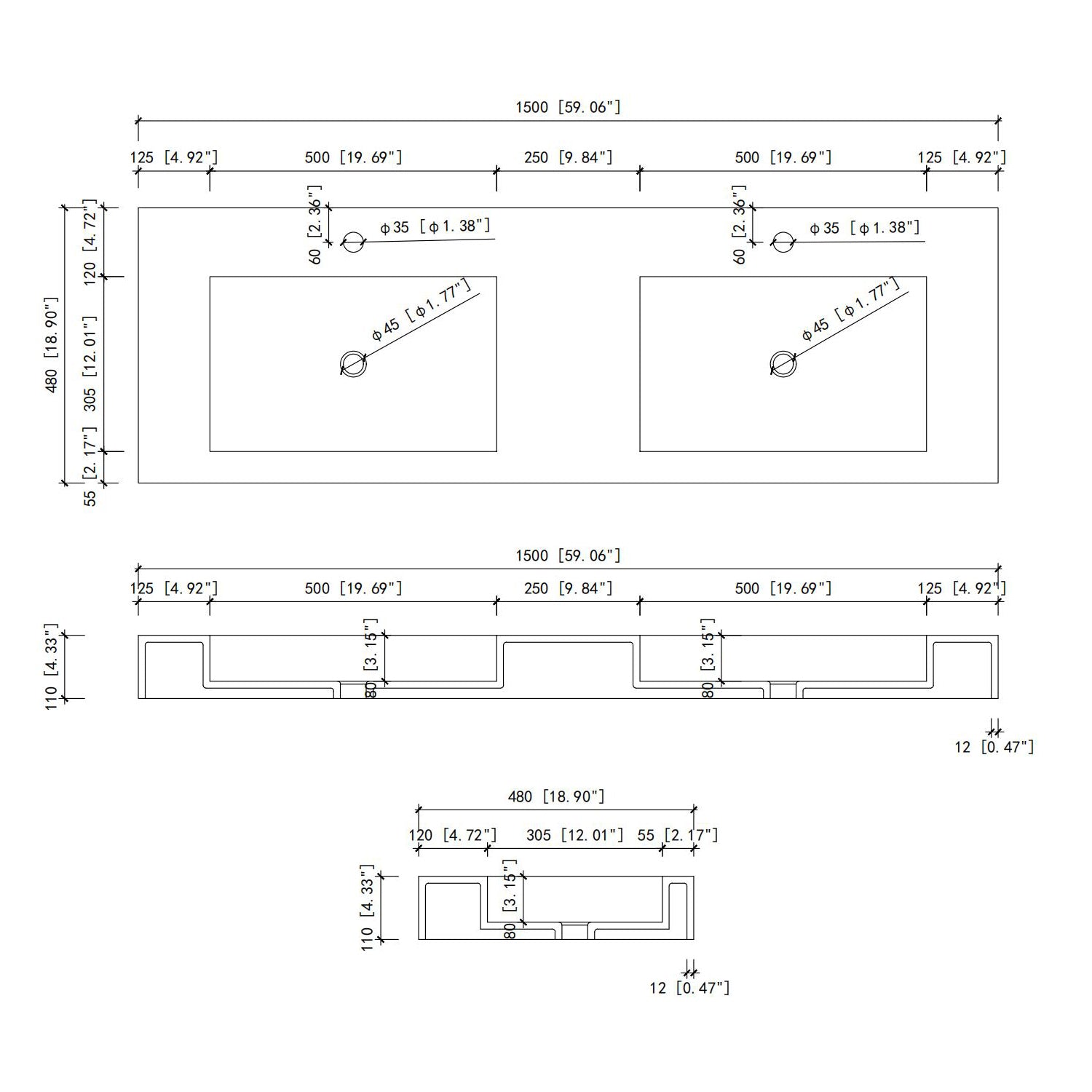 59"Solid surface Basin