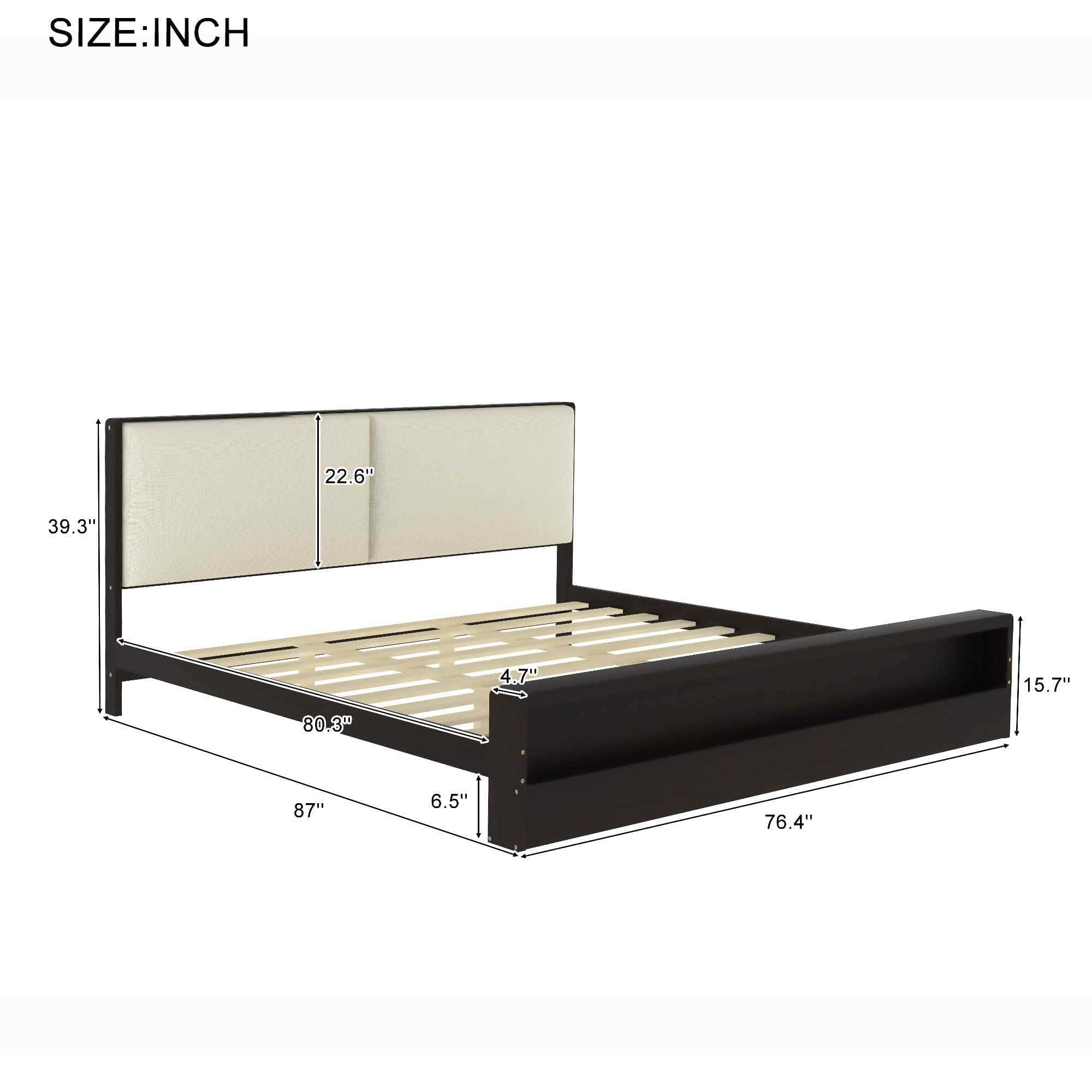 King Size Platform Bed Frame with Upholstery Headboard and Bookshelf in Footboard and LED Light Strips, Espresso