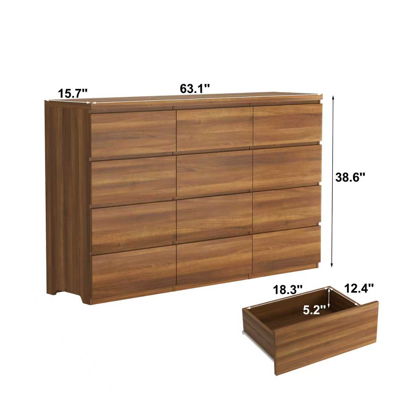 Walnut modern wood chest of drawers, angled view