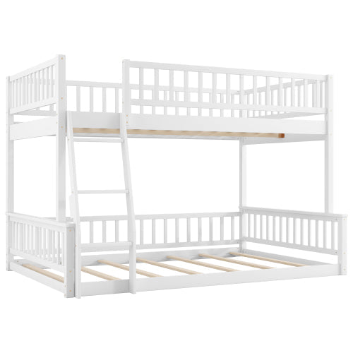 White Full XL over Queen bunk bed frame and wood slats
