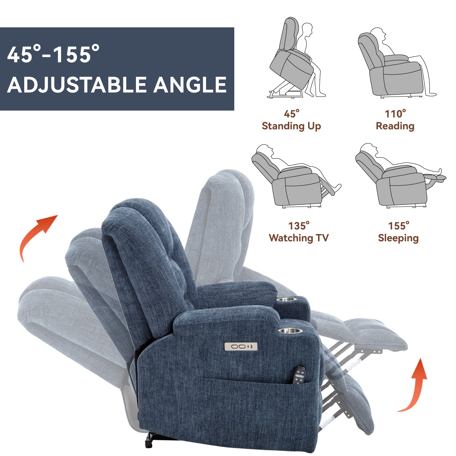 Power lift recliner chair adjustable sitting reading watching TV and sleeping angles