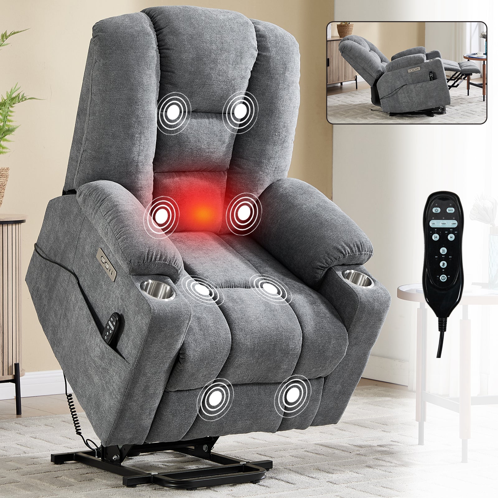 Blue Grey power lift recliner chair with chenille upholstery