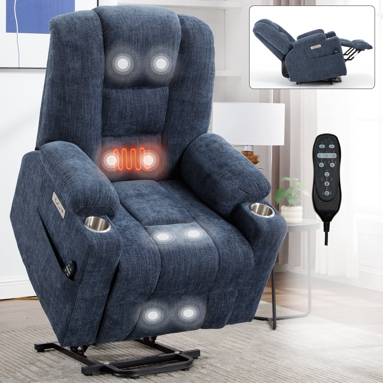 Blue power lift recliner chair with chenille upholstery