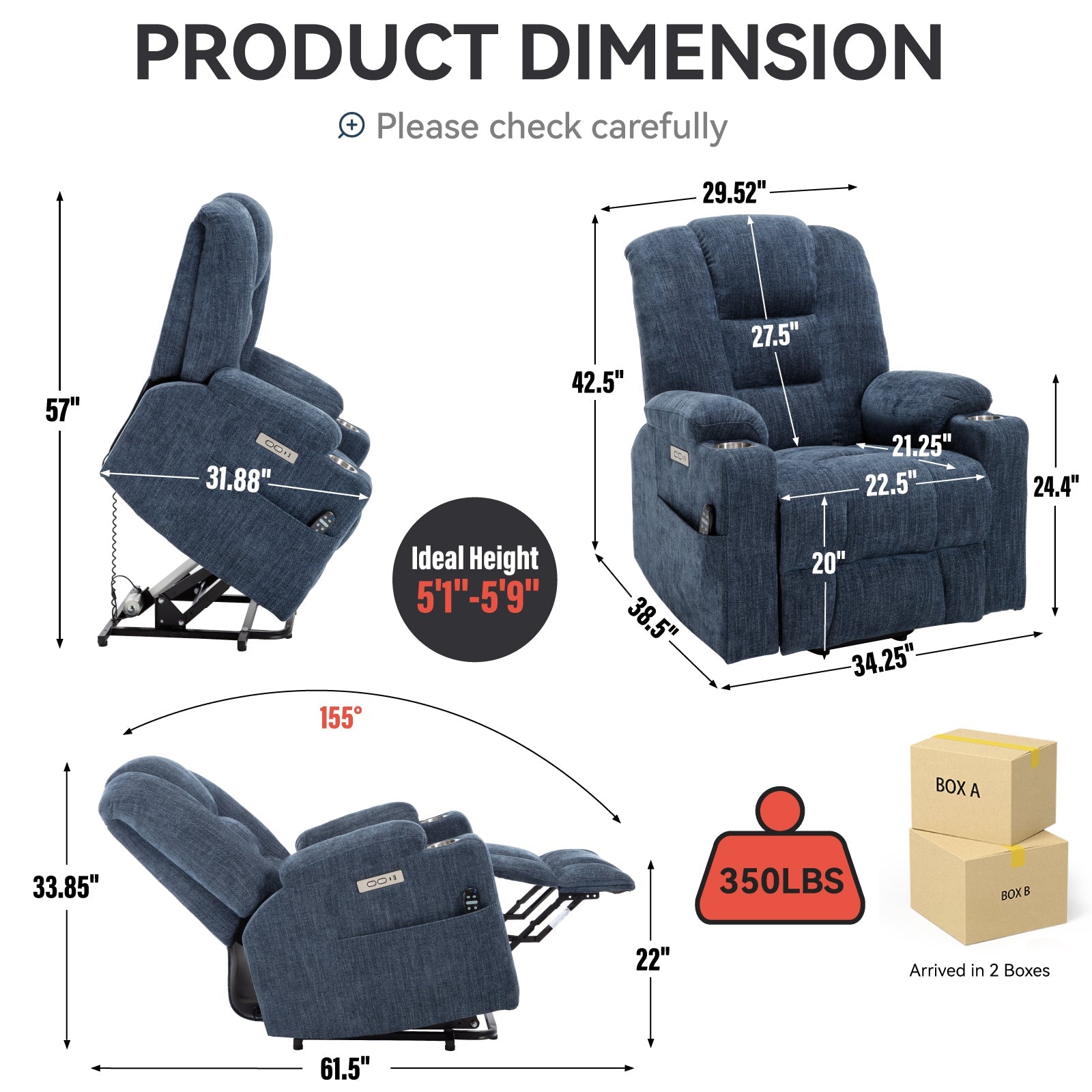 Power lift recliner chair dimensions and two-carton package guide