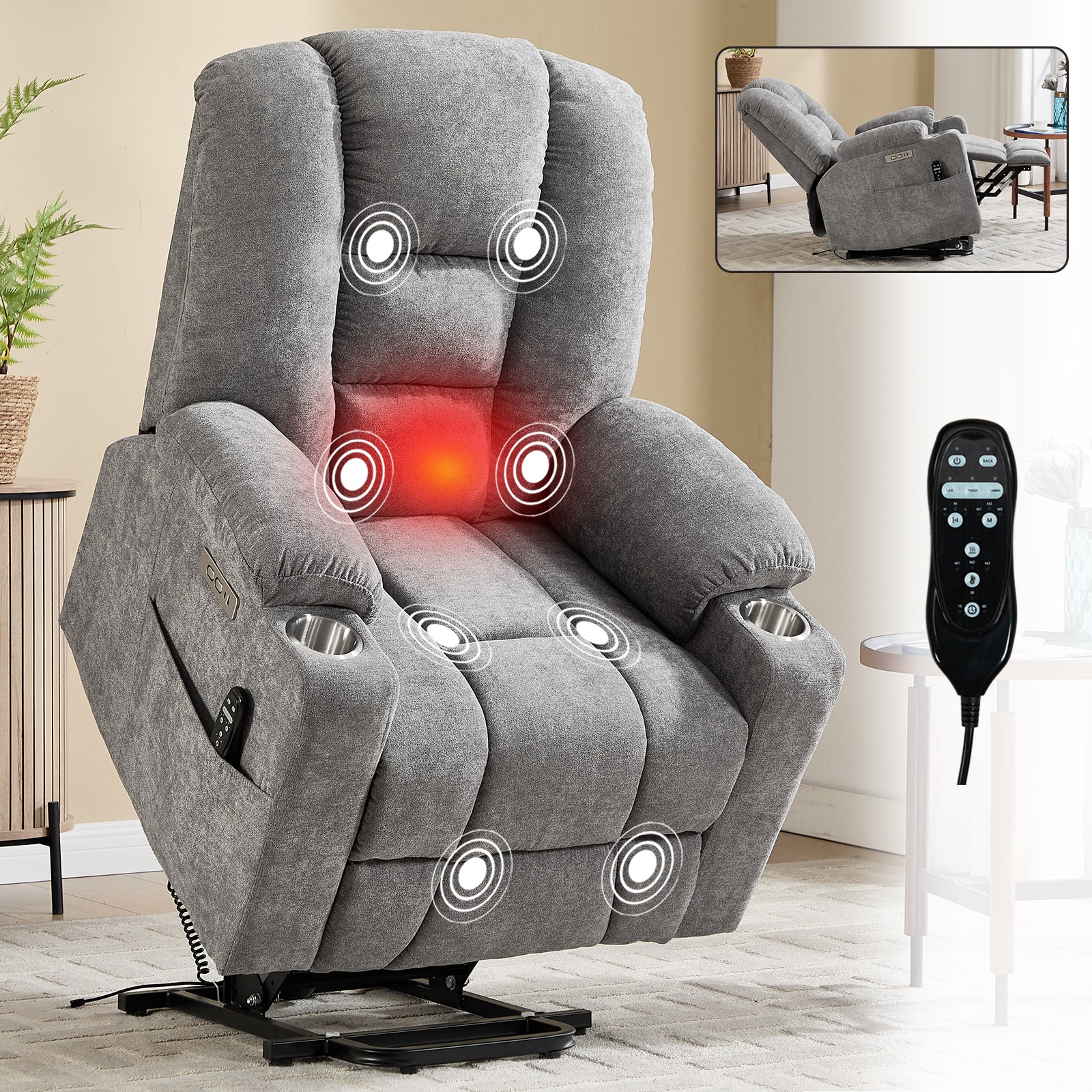 Light Grey power lift recliner chair with chenille upholstery