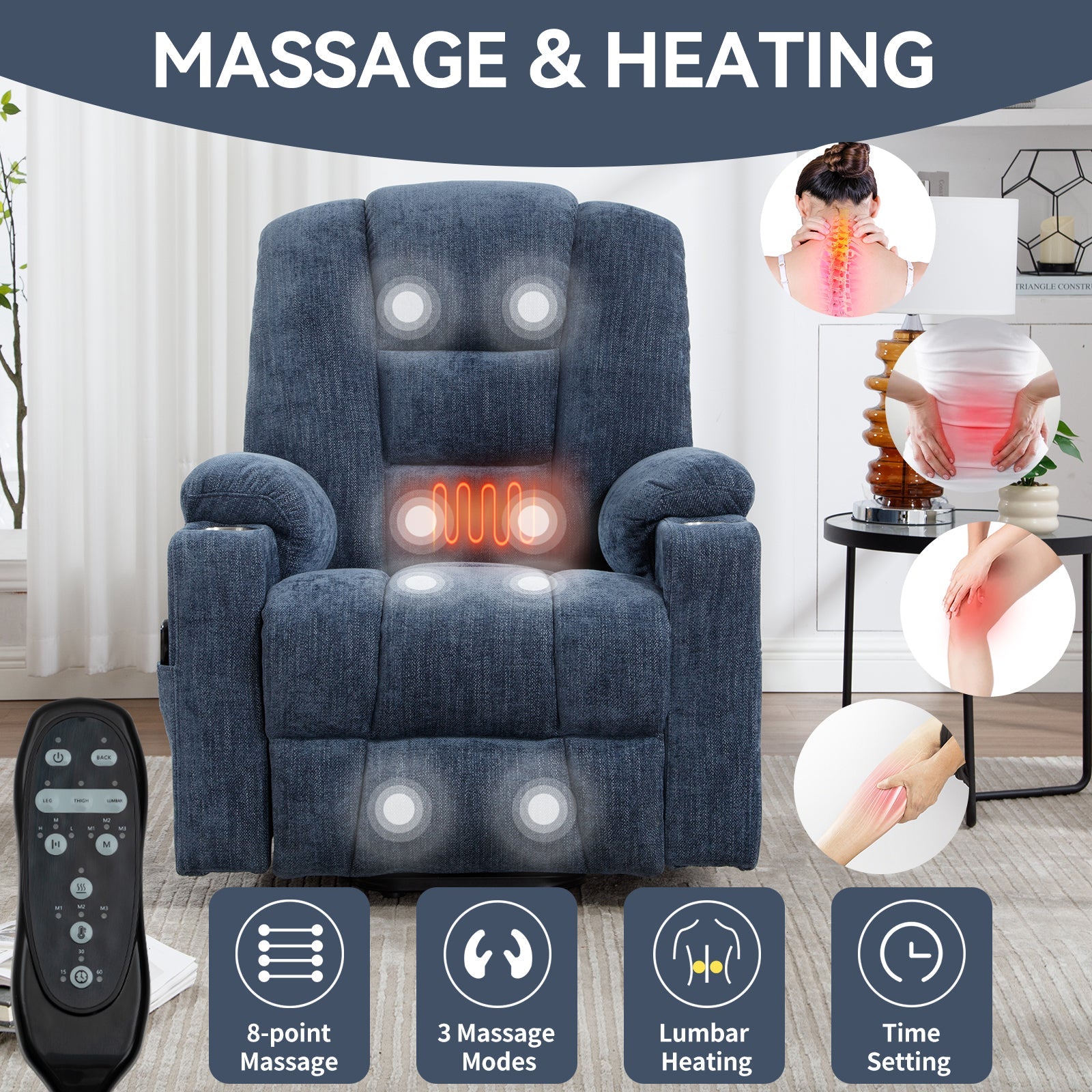 Power lift recliner chair massage heating and timer function details