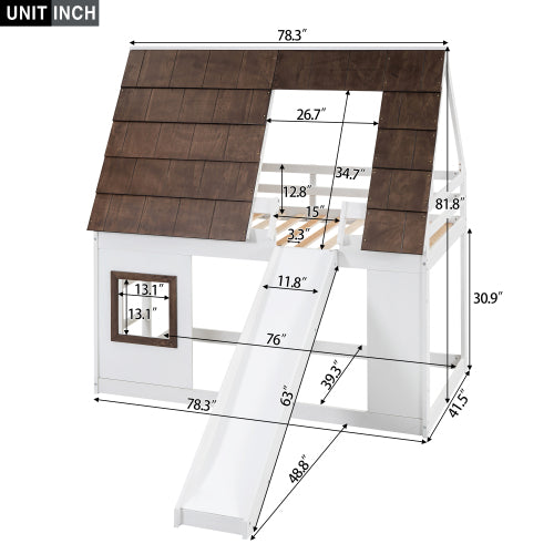 Twin house bunk bed with slide dimensional diagram