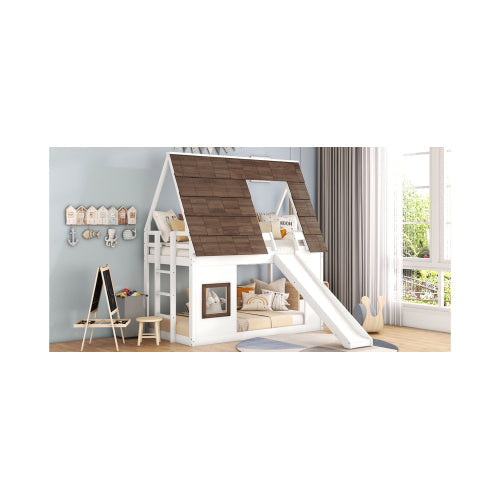 Twin house bunk bed with slide in a children's room