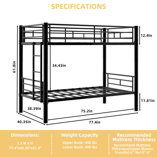 Twin over twin metal bunk bed dimensions and weight capacities