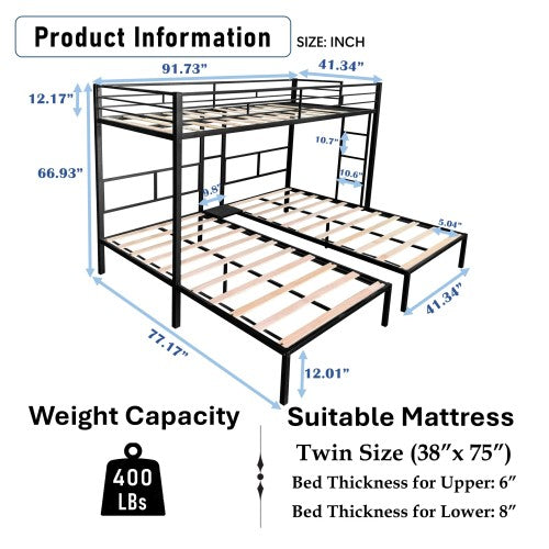 Triple twin bunk bed dimensions, mattress sizes, and weight capacity