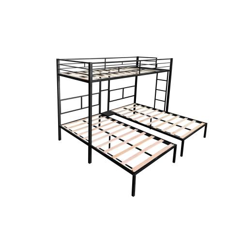 Black L-shaped triple twin bunk bed frame, angled view