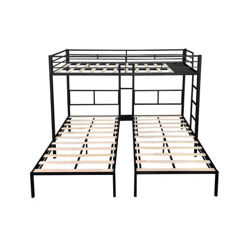 Black L-shaped triple twin bunk bed frame, front view