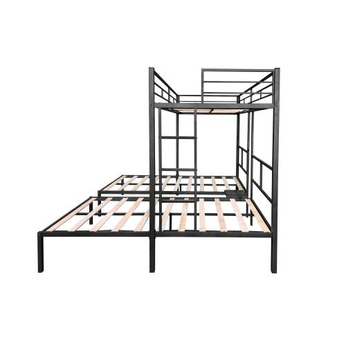 Black triple twin bunk bed frame, side view