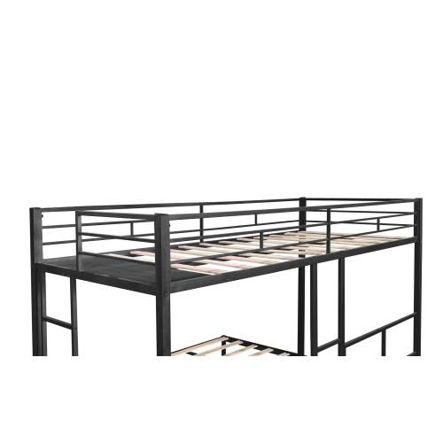 Full-length upper guardrails on black triple bunk bed