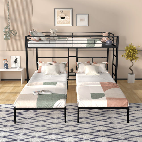 Black triple twin bunk bed in a warm shared bedroom