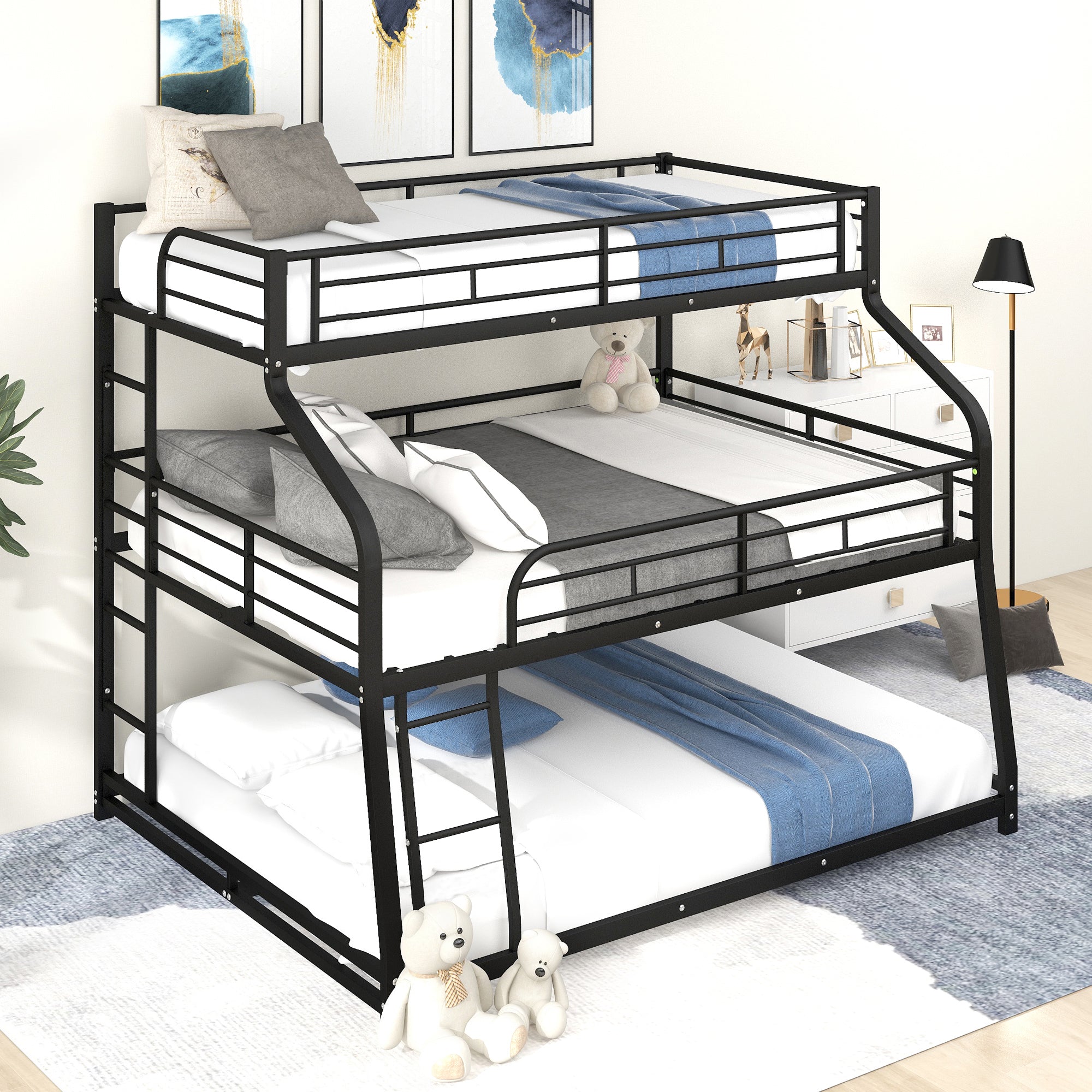 Black three-level Twin XL, Full XL and Queen bunk bed used to illustrate room measurement planning