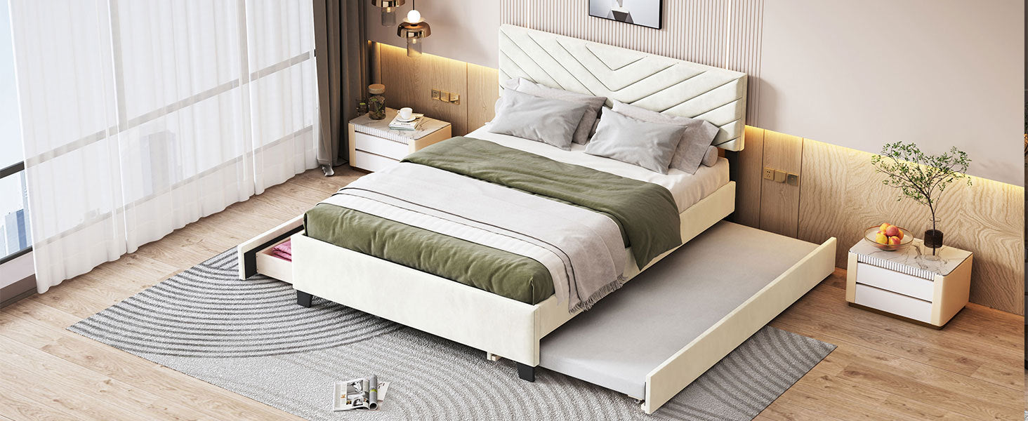 Queen Size Upholstered Platform Bed with Twill Headboard, Pullout Bed and Two Drawers, Flannel, Beige