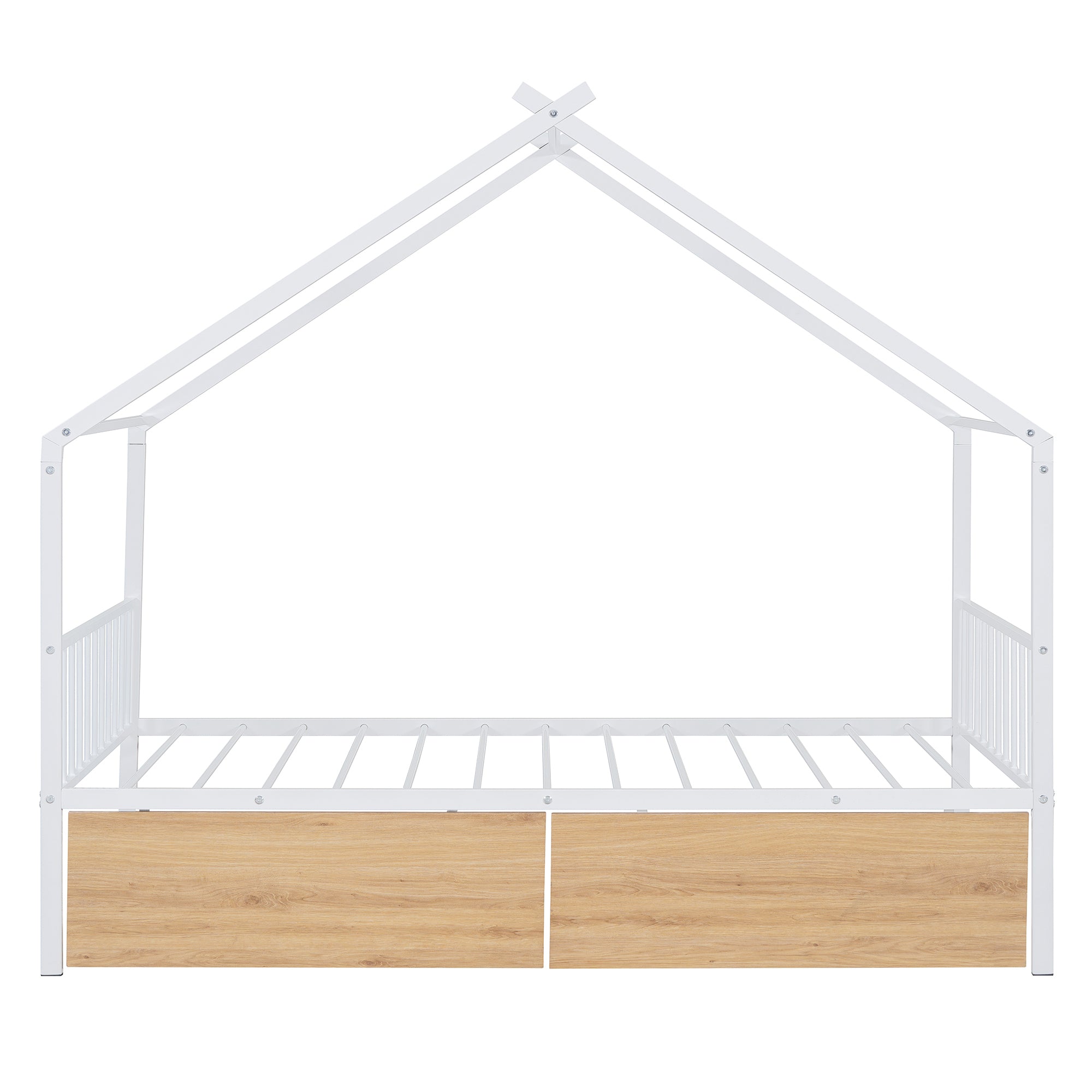 Twin Size Metal House Bed with Two Drawers, White