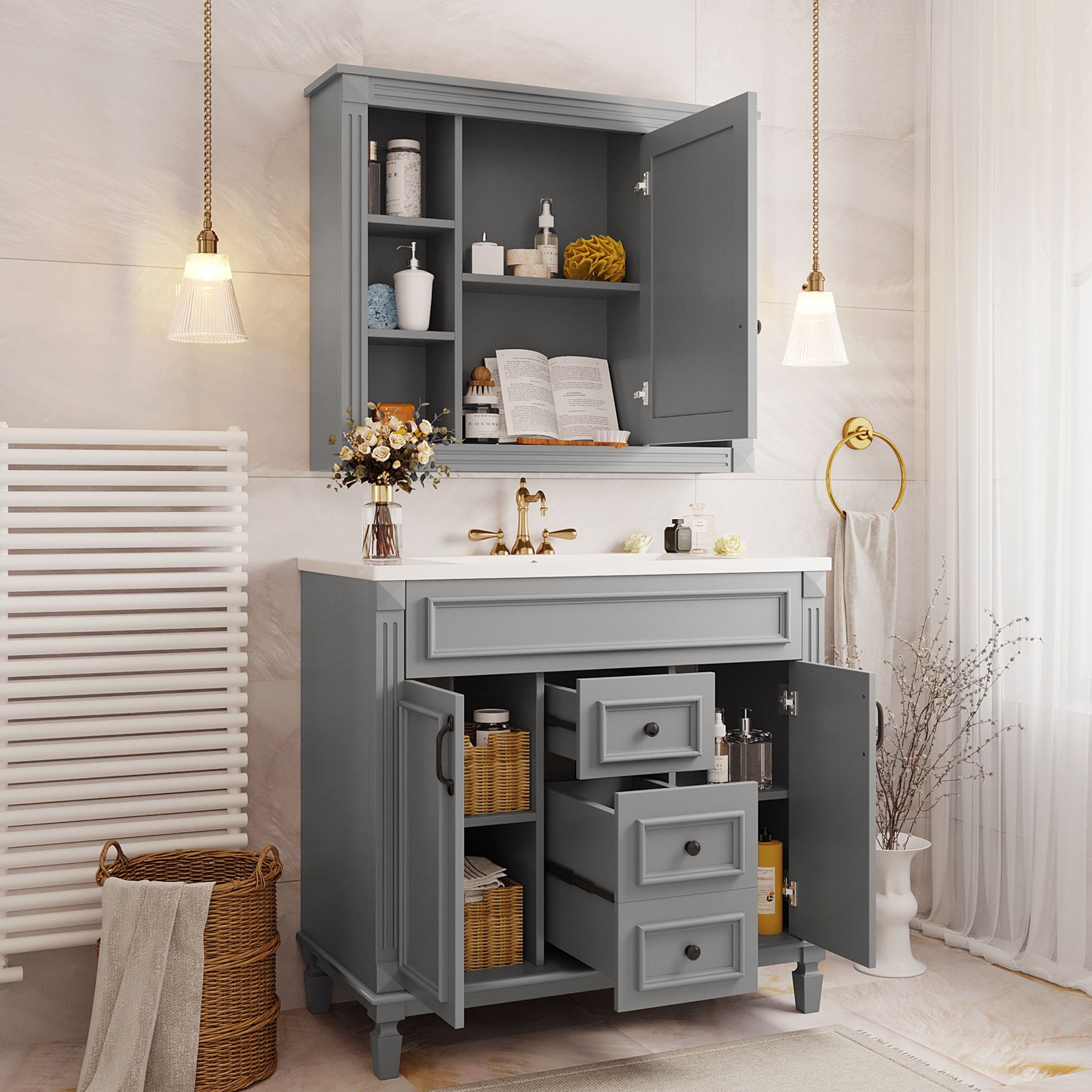 36'' Bathroom Vanity with Top Sink, Grey Mirror Cabinet, Modern Bathroom Storage Cabinet with 2 Soft Closing Doors and 2 Drawers, Single Sink Bathroom Vanity