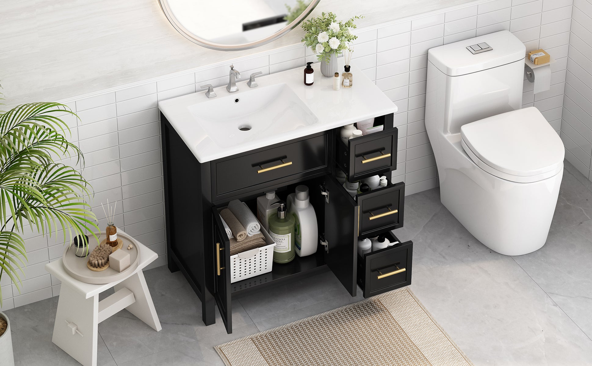 36" Bathroom Vanity with Sink Top, Bathroom Vanity Cabinet with Two Doors and Three Drawers, Solid Wood , MDF Boards ,One Package, Black