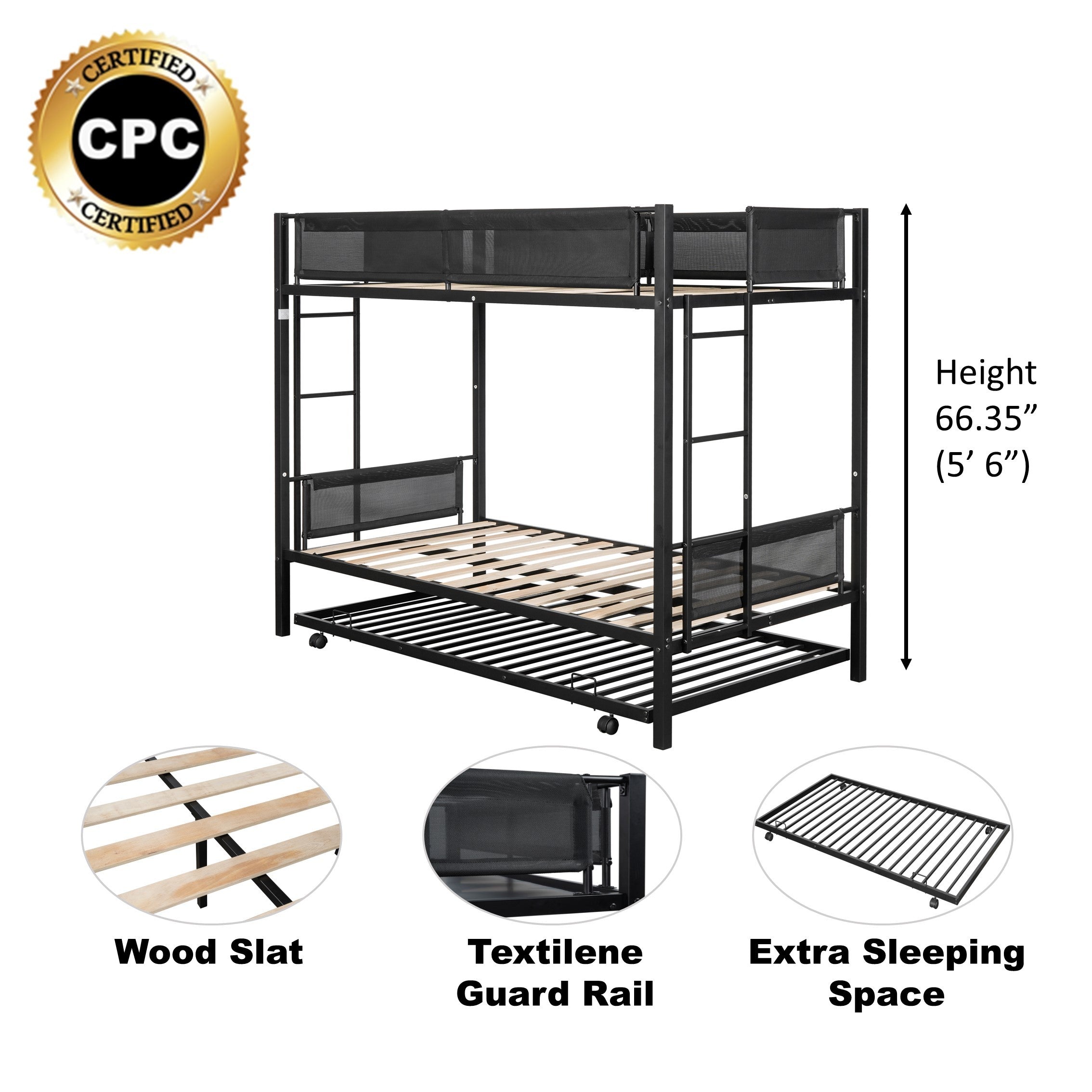 Metal Twin over twin bunk bed with Trundle/ Sturdy Metal Frame/ Noise-Free Wood Slats/ Comfortable Textilene Guardrail/ 2 side Ladders/ Space-Saving Trundle/ Bunk Bed for Three/ No Box Spring Needed