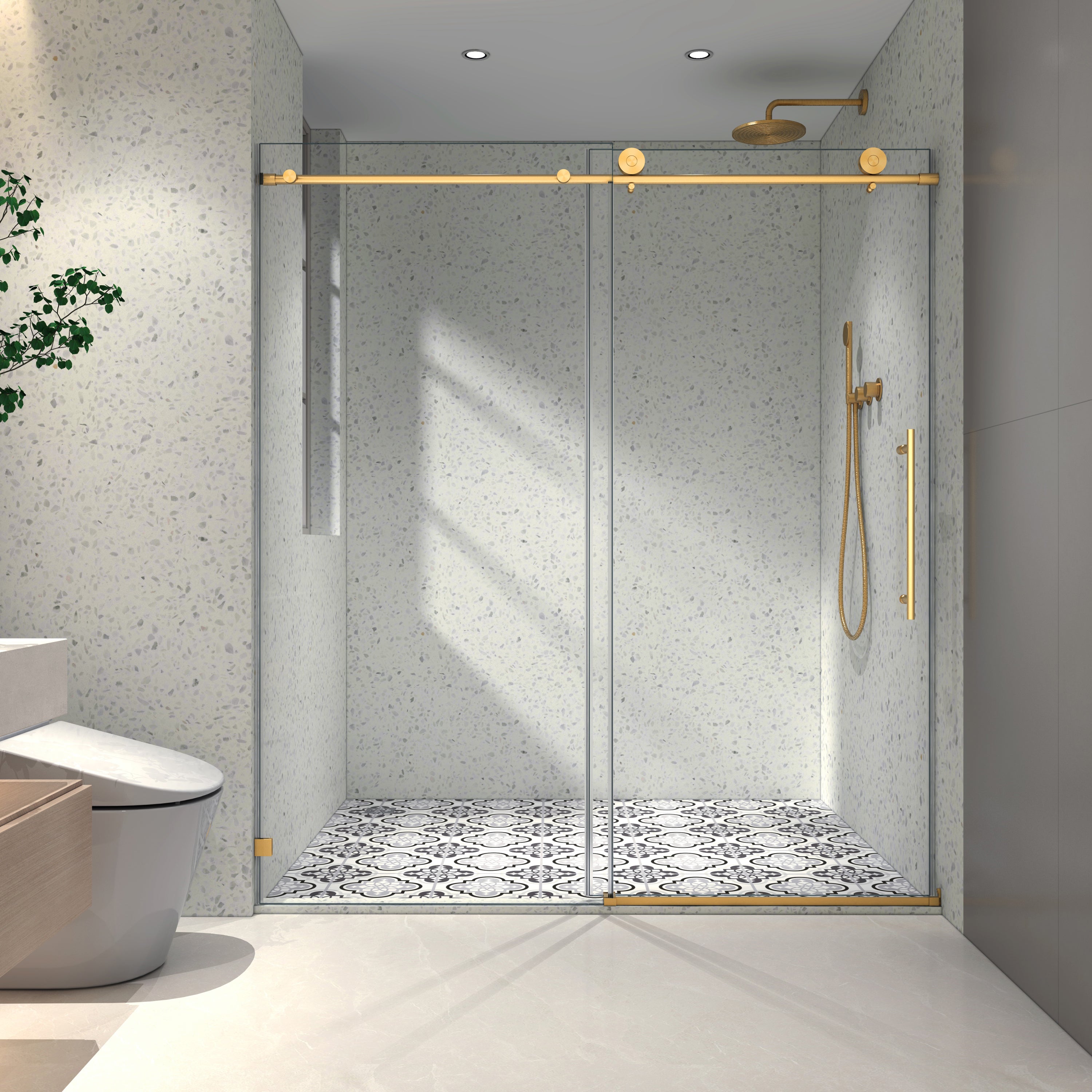 60"W x 76"H Chrome frameless one fixed and one shifted Shower Door, 70MM 304 stainless steel large pulleys with adjustable soft closing function,with nano easy cleaning and stick explosion-proof menbrance