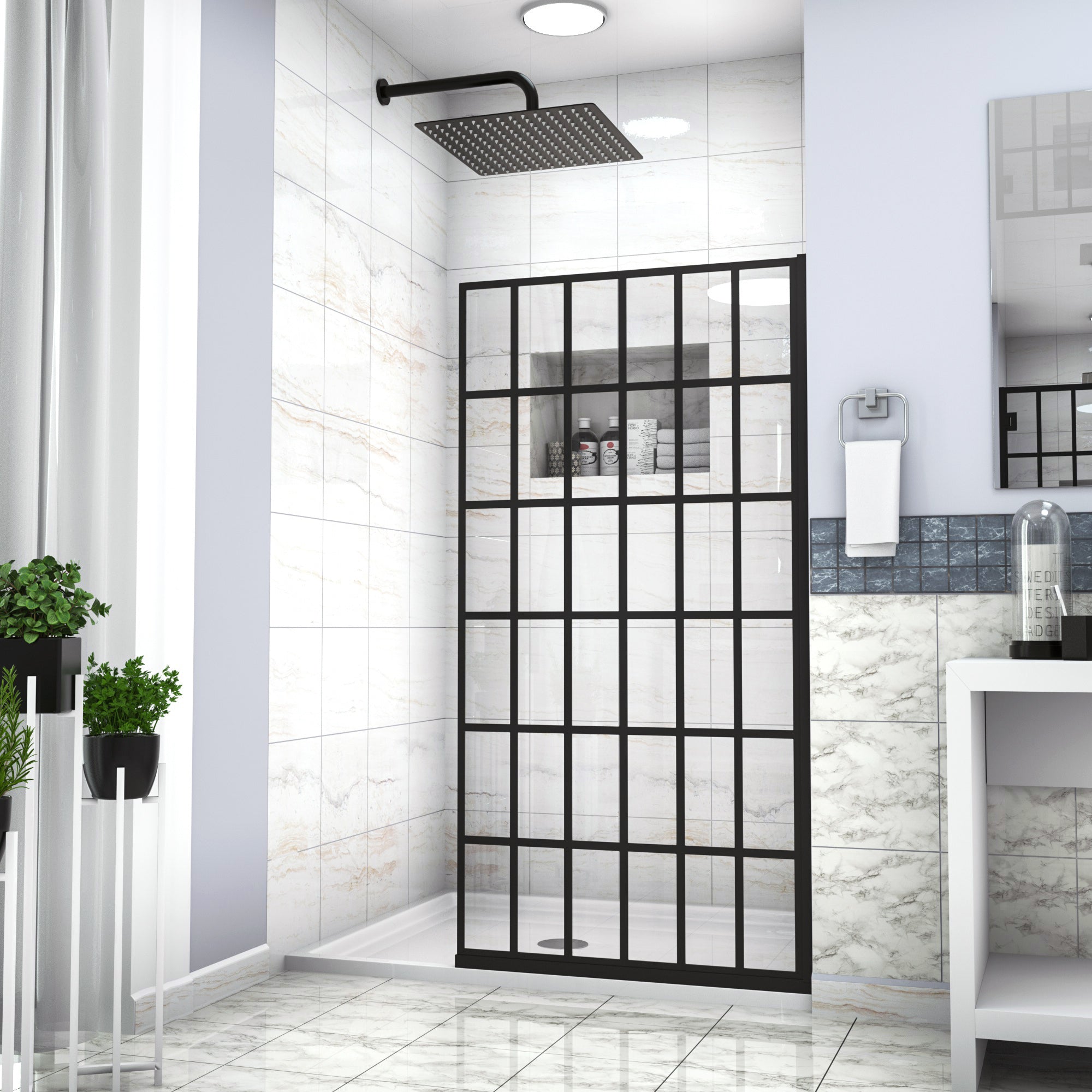 Shower Door 34" W x 72" H Single Panel Frameless Fixed Shower Door, Open Entry Design in Matte Black