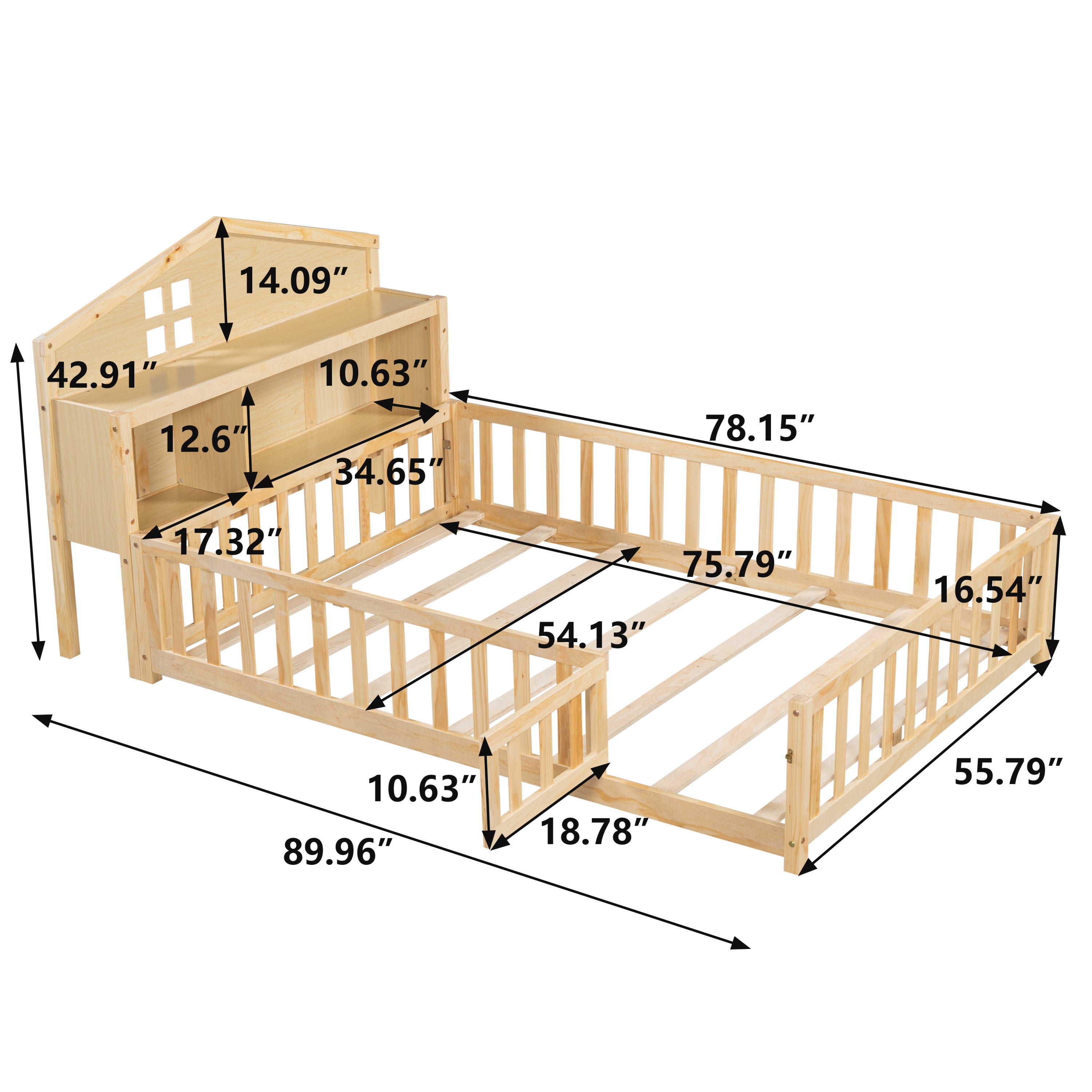 Full-size Montessori Floor Bed with Bookcases and Blackboards, Versatile Platform Beds with Guard rails, Solid Wood Floor Beds with Storage Headboards, Floor Beds for Kids and Teens  Natural