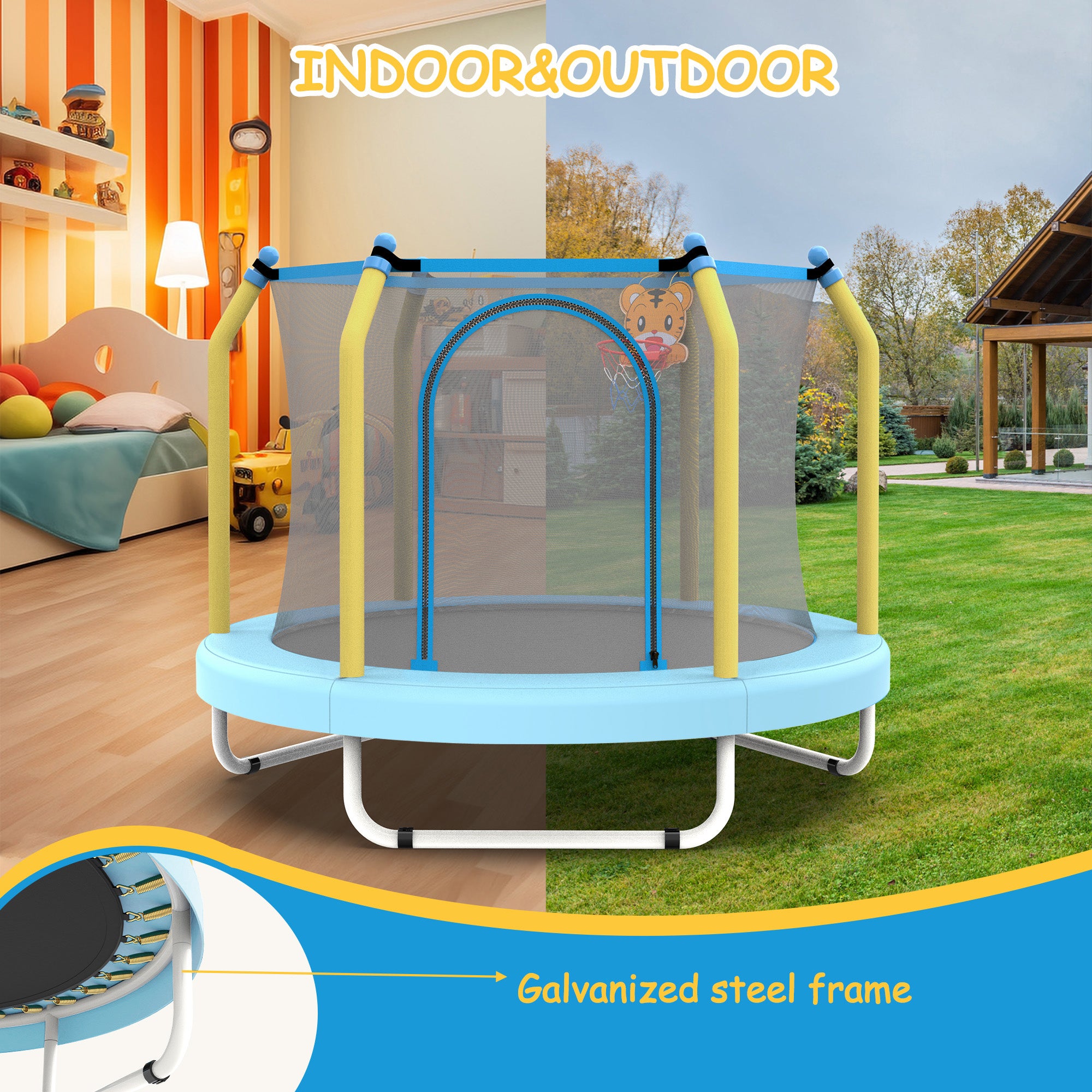 55-inch Trampoline for Kids Indoor & Outdoor Small Toddler Trampoline with Basketball Hoop