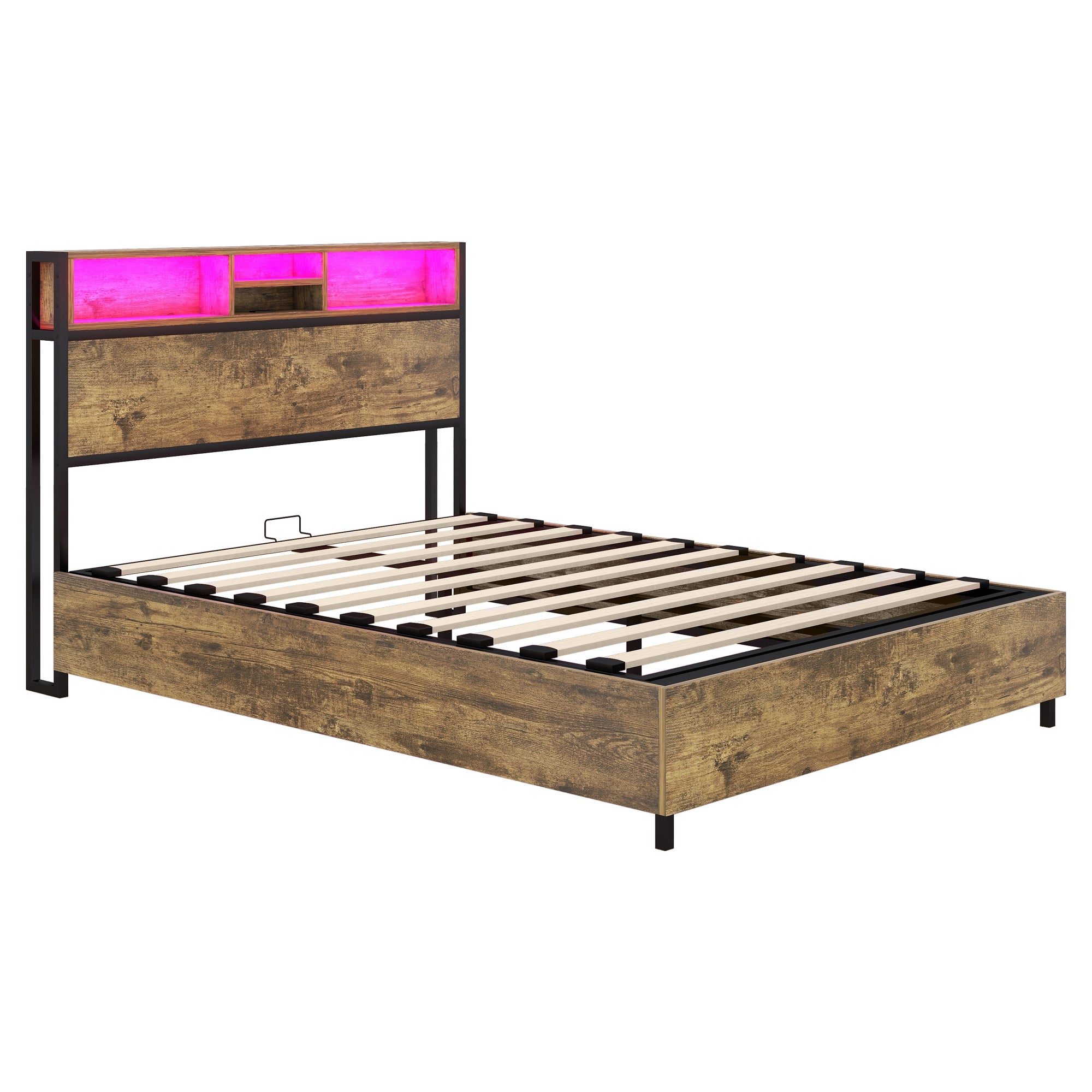 Metal Platform Bed With Underneath Storage, LED and USB Ports, Full, Black