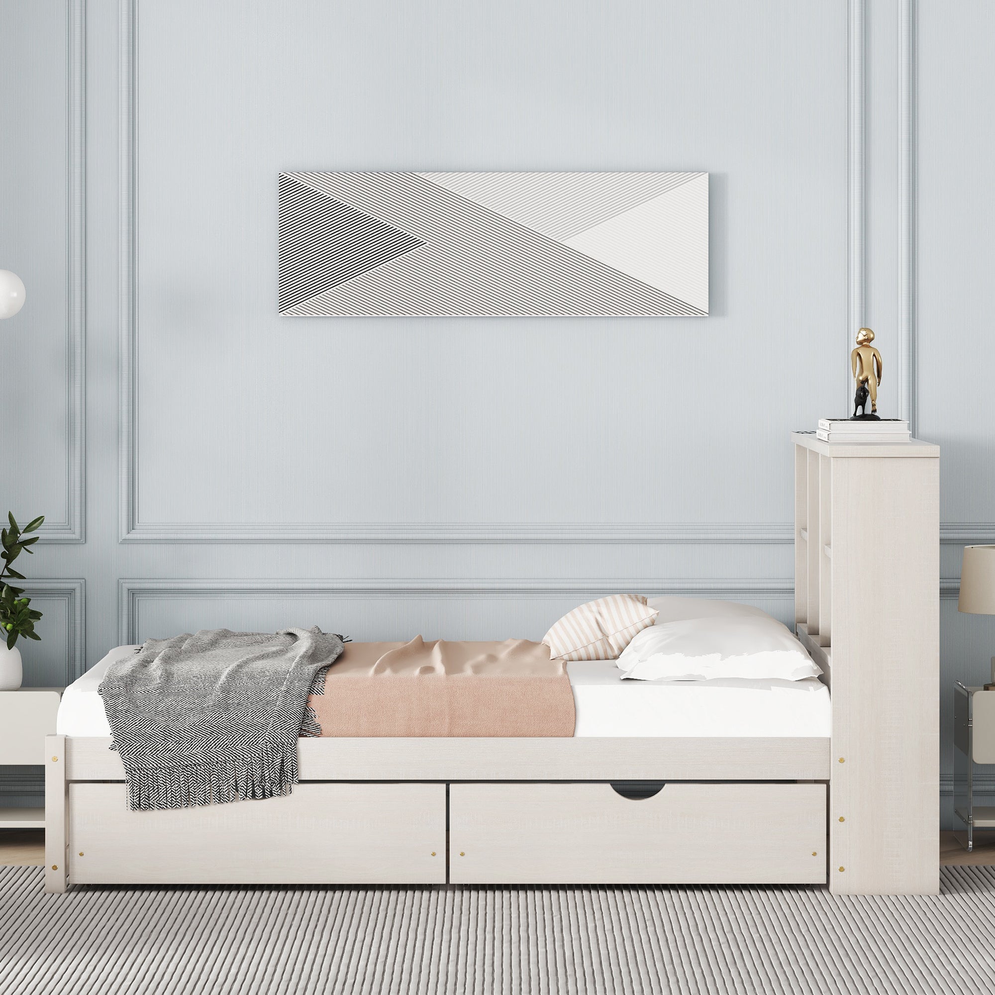 Modern Twin Size Bed Frame With Built-in USB Port on Bookcase Headboard and 2 Drawers for White Washed Color