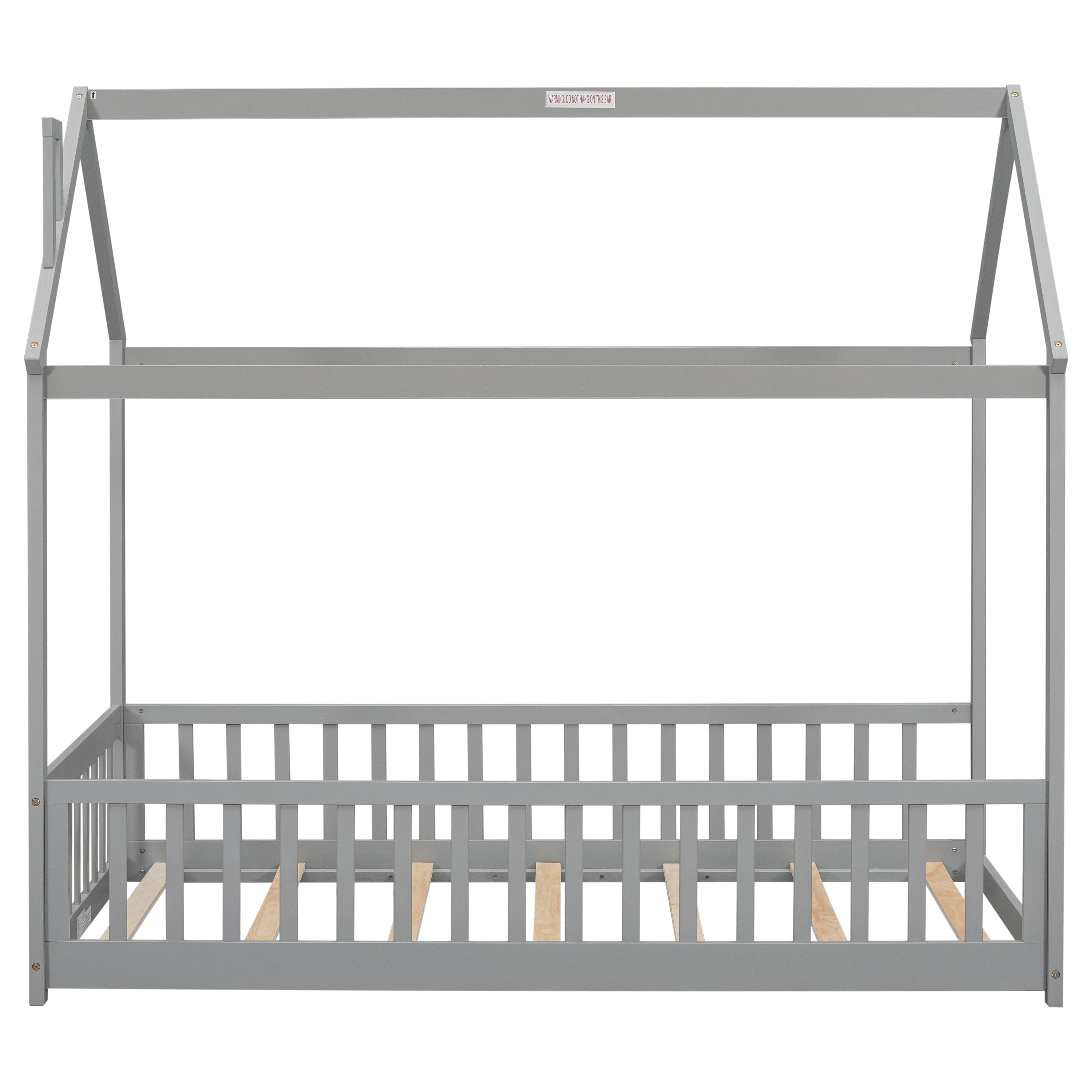 Twin House Bed with Guardrails, Slats ,Grey