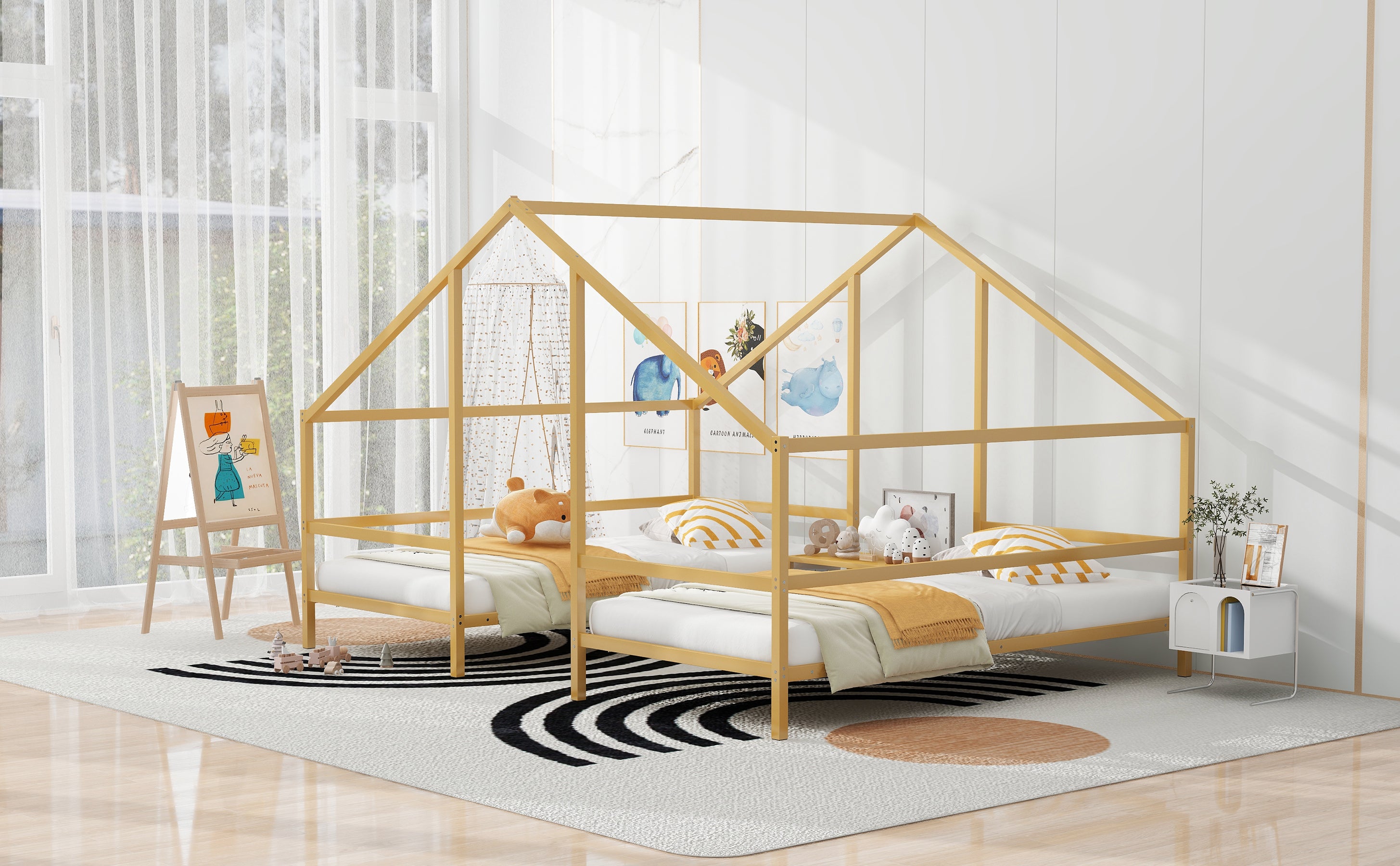 Metal Double Twin Size Triangular House Beds with Built-in Table, Gold