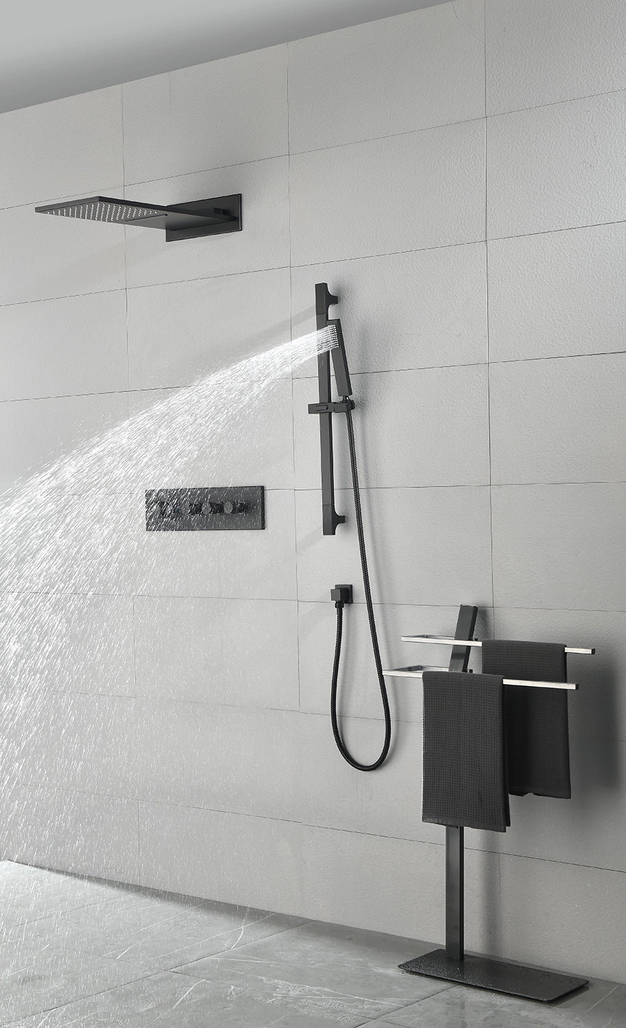 Shower System Square Bathroom Luxury Rain Mixer Shower Combo Set Pressure Balanced Shower System with Shower Head, Hand Shower, Slide Bar, Shower Arm, Hose, and Valve Trim