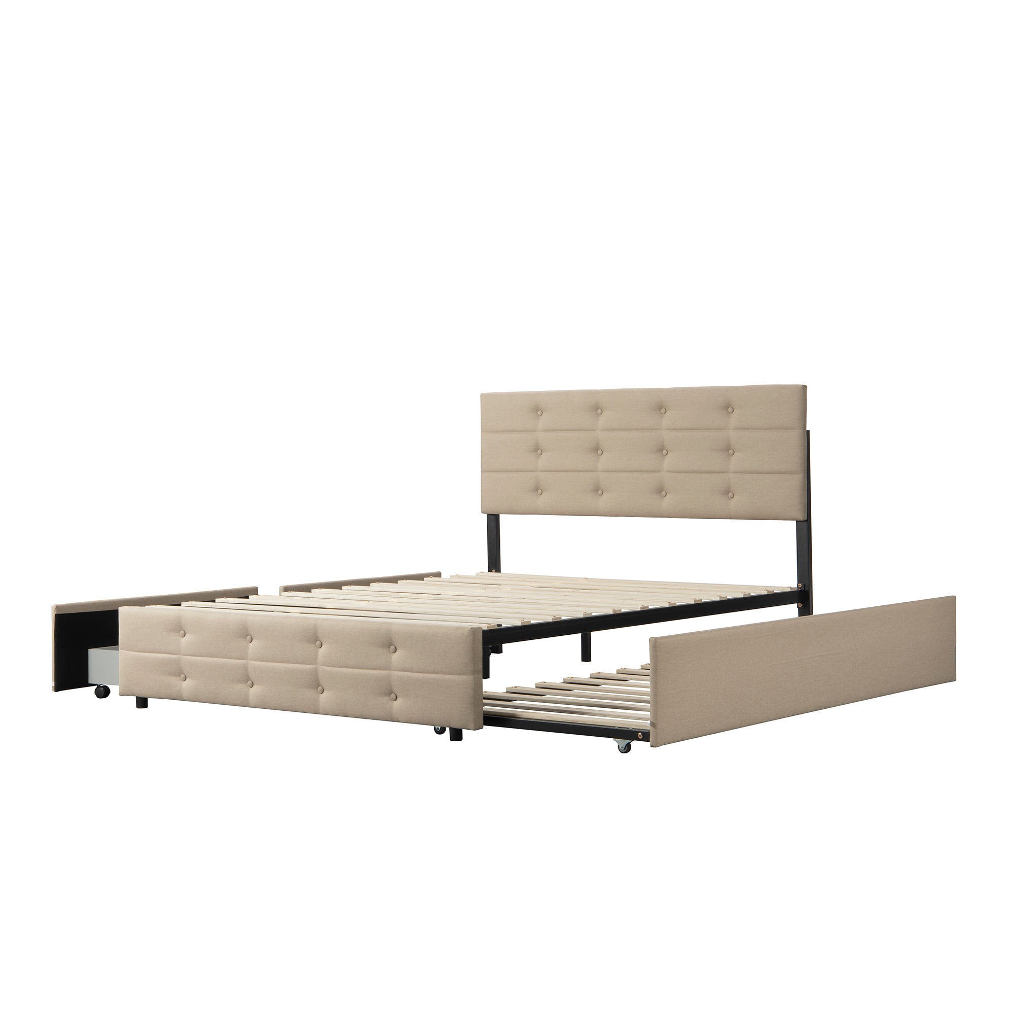 Queen Size Upholstered Platform Bed with Twin Trundle and 2 Storage Drawers Underneath, Linen Fabric with Wood Slat, for Bedroom,Light Beige