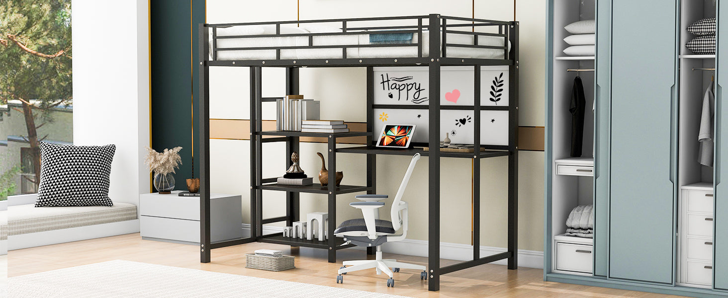 Twin Size Loft Bed with Desk and Whiteboard, Metal Loft Bed with 3 Shelves and Ladder, Black