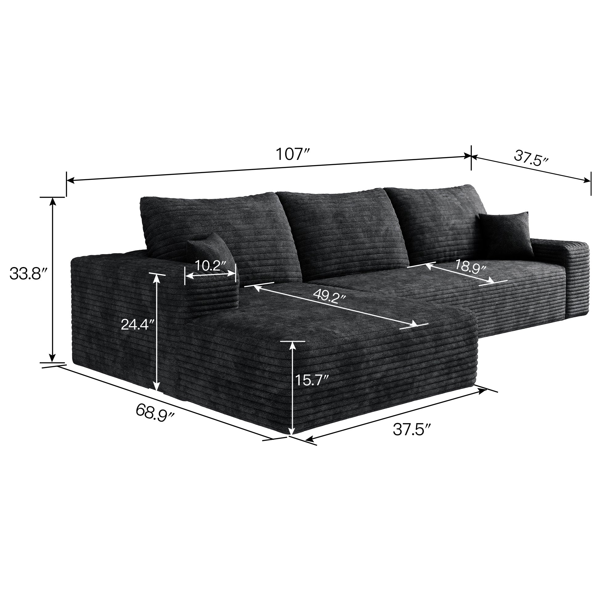 Black corduroy L-shape modular sectional sofa, rear and back view