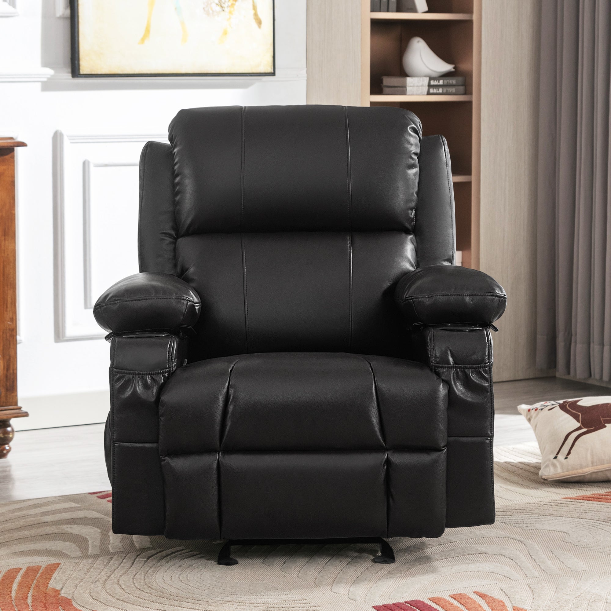 Vanbow.Recliner Chair Rocking Chairs for Adults  with 2 Cup Holders, USB Charge Port Soft Features a Manual Massage and Heat.BLACK