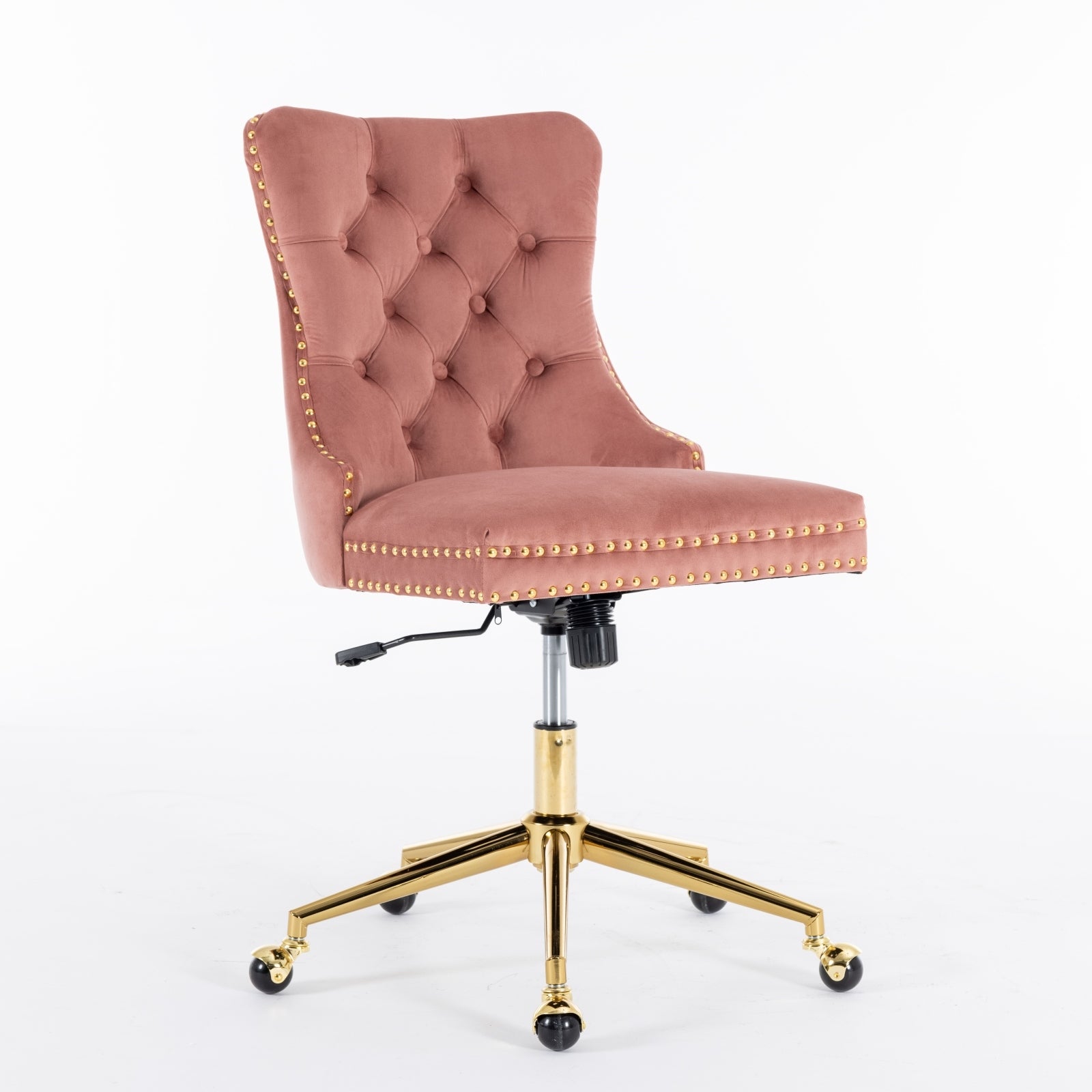 A&A Furniture Office Chair,Velvet Upholstered Tufted Button Home Office Chair with Golden Metal Base,Adjustable Desk Chair Swivel Office Chair (Pink)