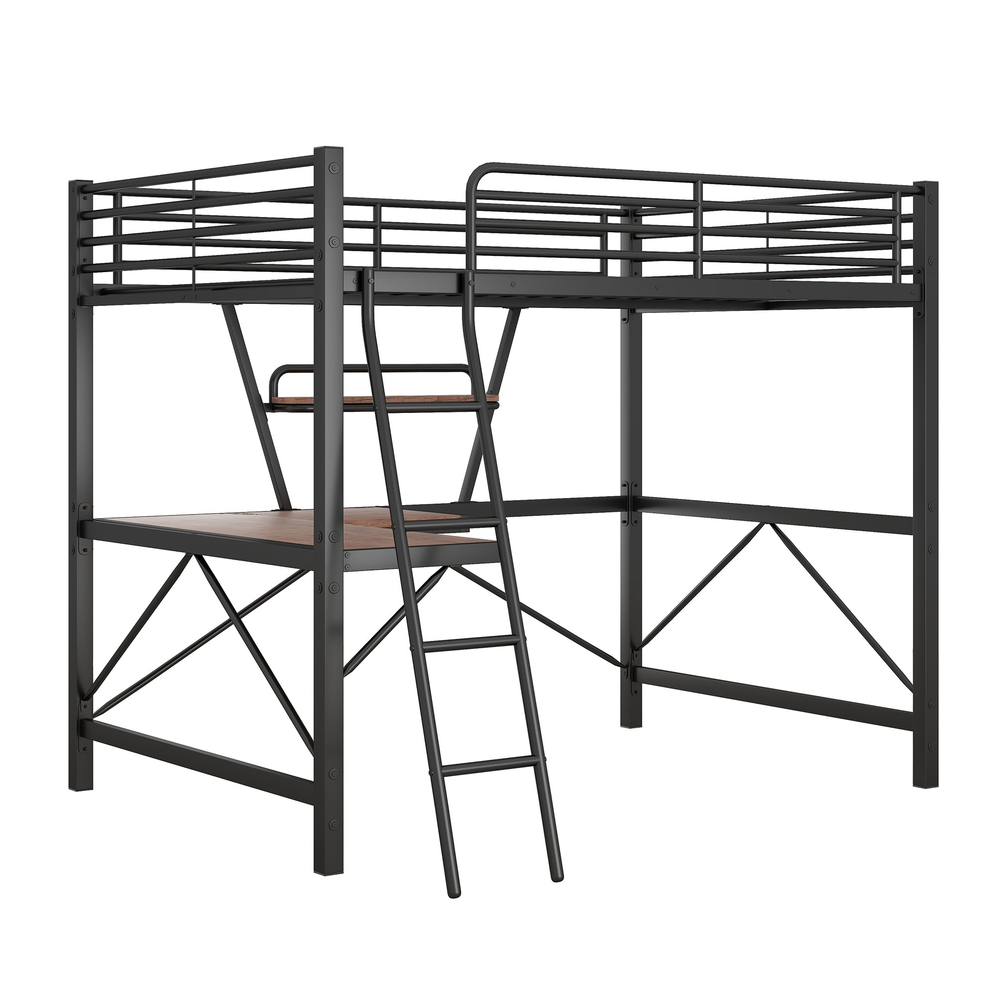 Full Size Loft Metal&MDF Bed with Desk and Shelf, Black