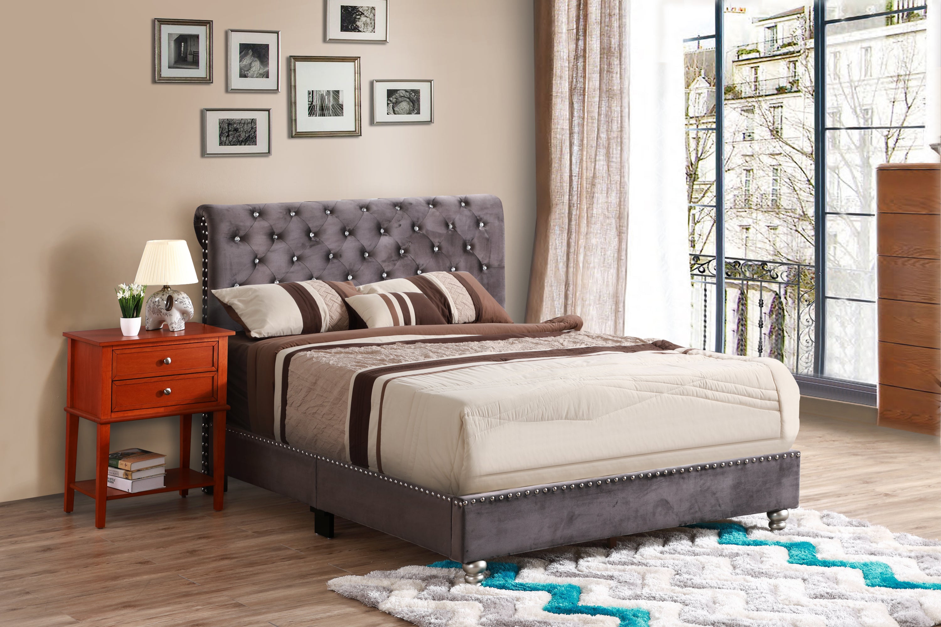 Stylish Gray Upholstered Transitional Bed