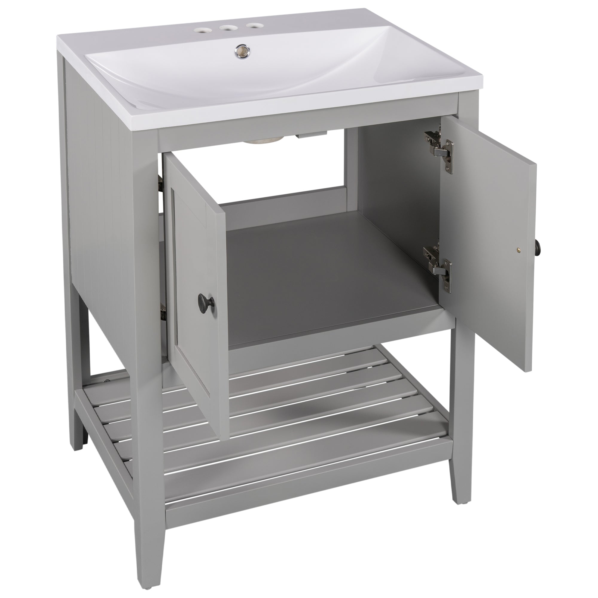 [VIDEO] 24" Grey Modern Sleek Bathroom Vanity Elegant Ceramic Sink with Solid Wood Frame Open Style Shelf (OLD SKU: JL000004AAE)