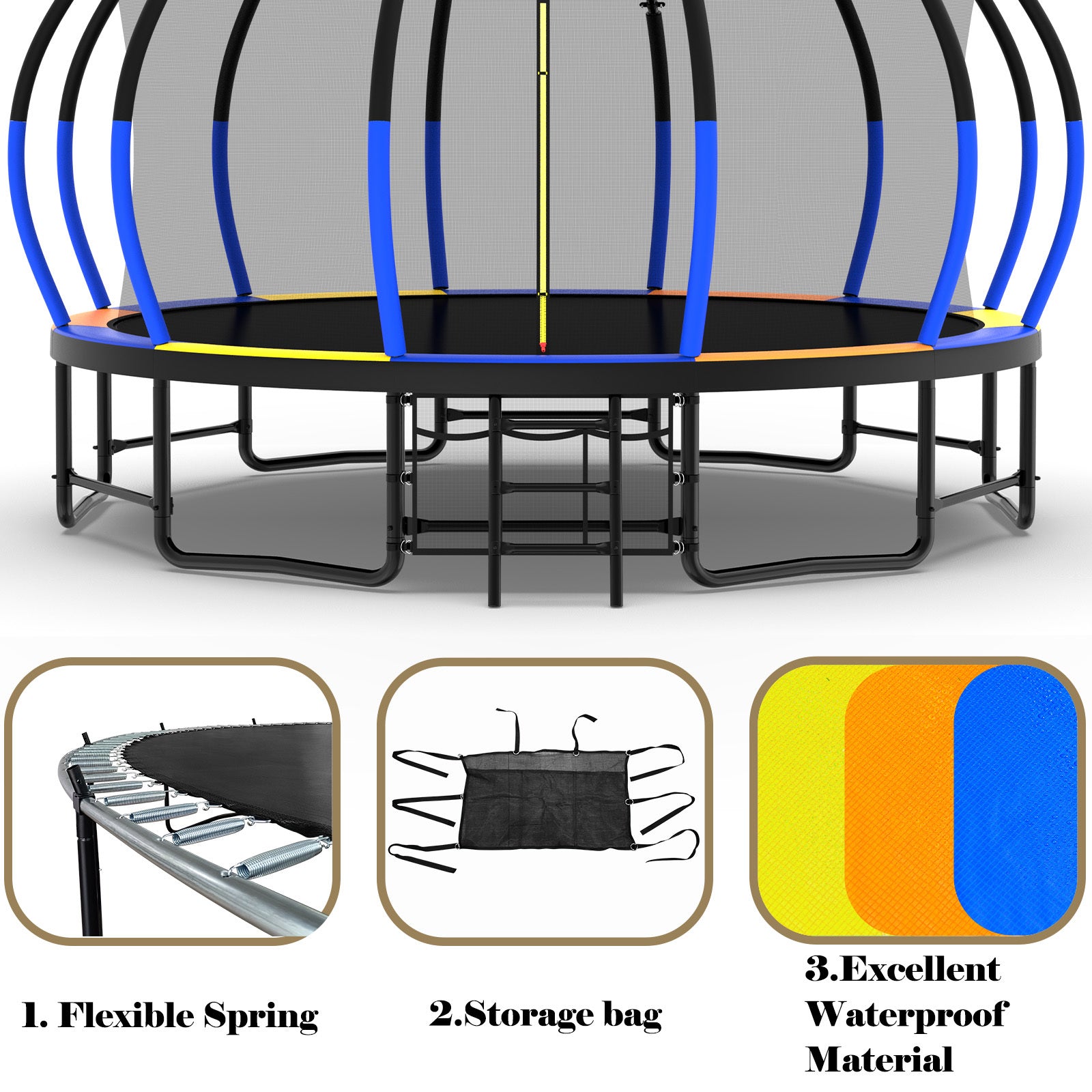 16FT Trampoline with EnclosureRecreational Trampolines with Ladder and AntiRust Coating, ASTM Approval Outdoor Trampoline for Kids