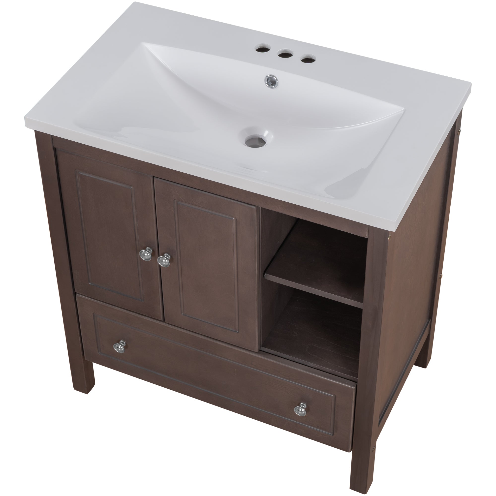 [VIDEO] 30" Bathroom Vanity with Sink, Bathroom Storage Cabinet with Doors and Drawers, Solid Wood Frame, Ceramic Sink, Brown (OLD SKU: JL000002AAD)