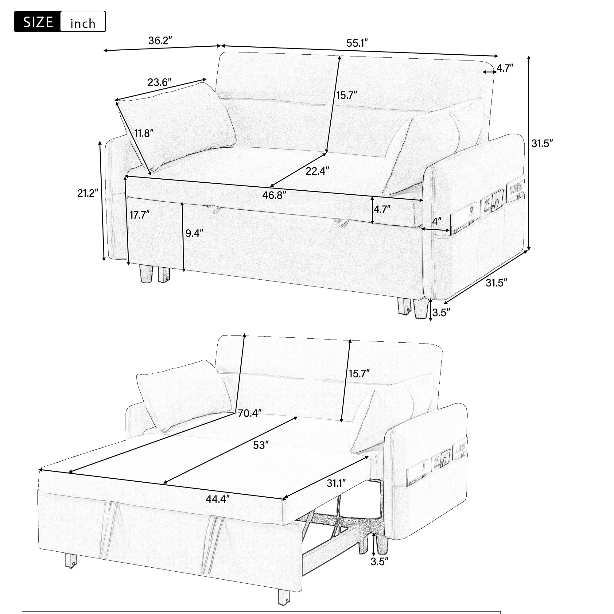 55.1" Pull Out Sleep Sofa Bed Loveseats Sofa Couch with Adjsutable Backrest, Storage Pockets, 2 Soft Pillows, USB Ports for Living Room, Bedroom, Apartment, Office, Blue (Old SKU WF307821AAC)