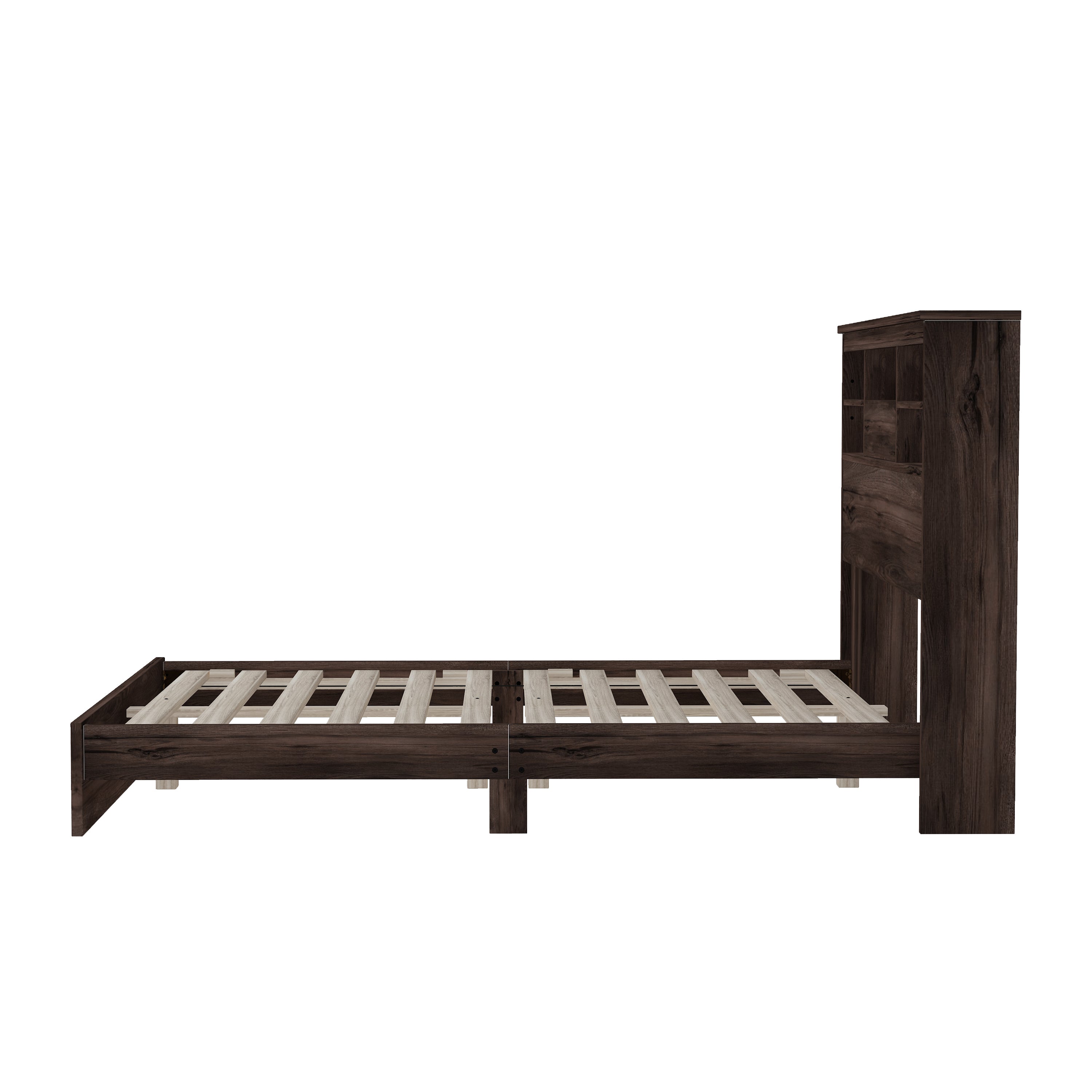 Queen Size Wooden Platform Bed with Storage Headboard,American Country Style Bed with USB Charging Ports,Dark Walnut