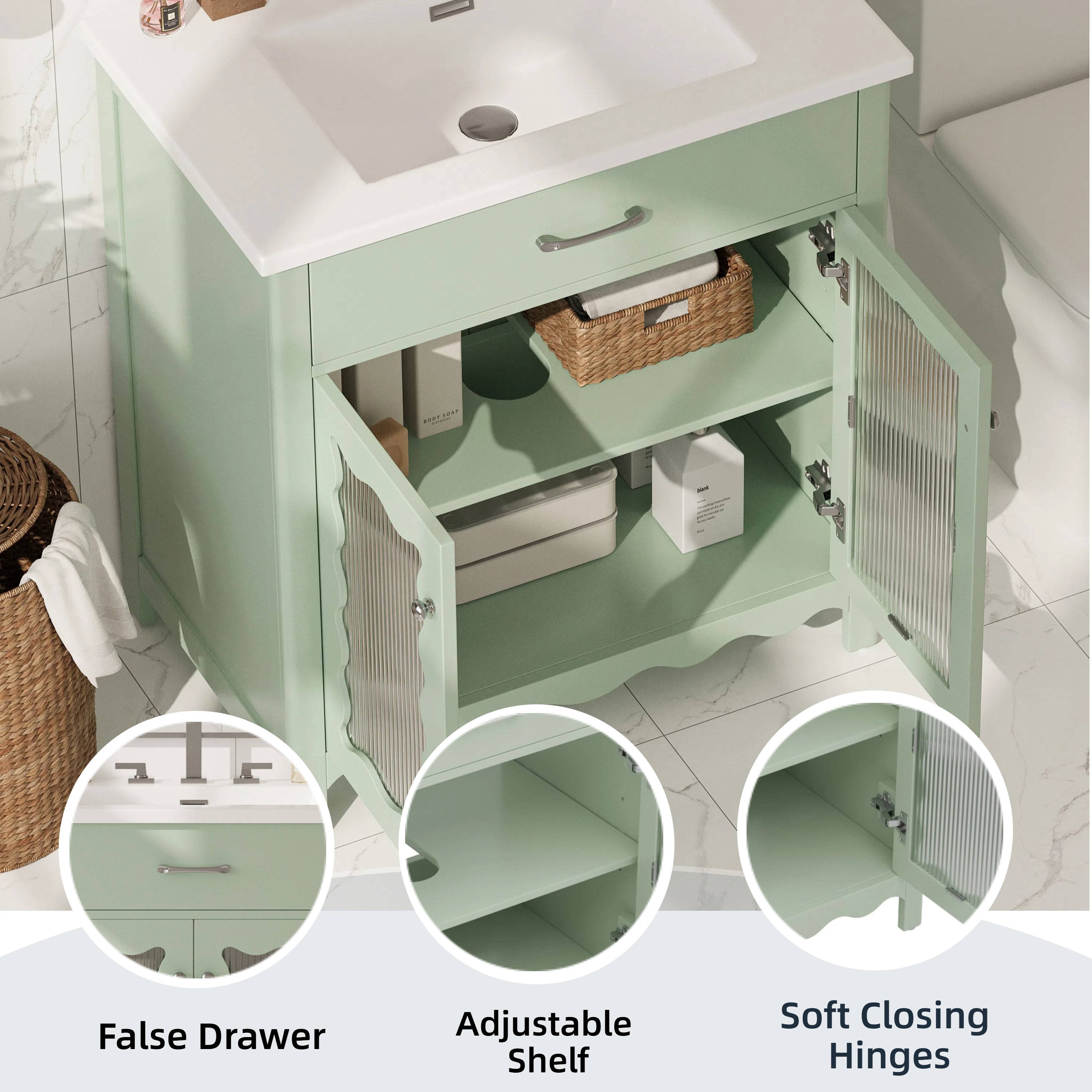 Green 30 inch modern bathroom vanity with rubber wood legs, side view