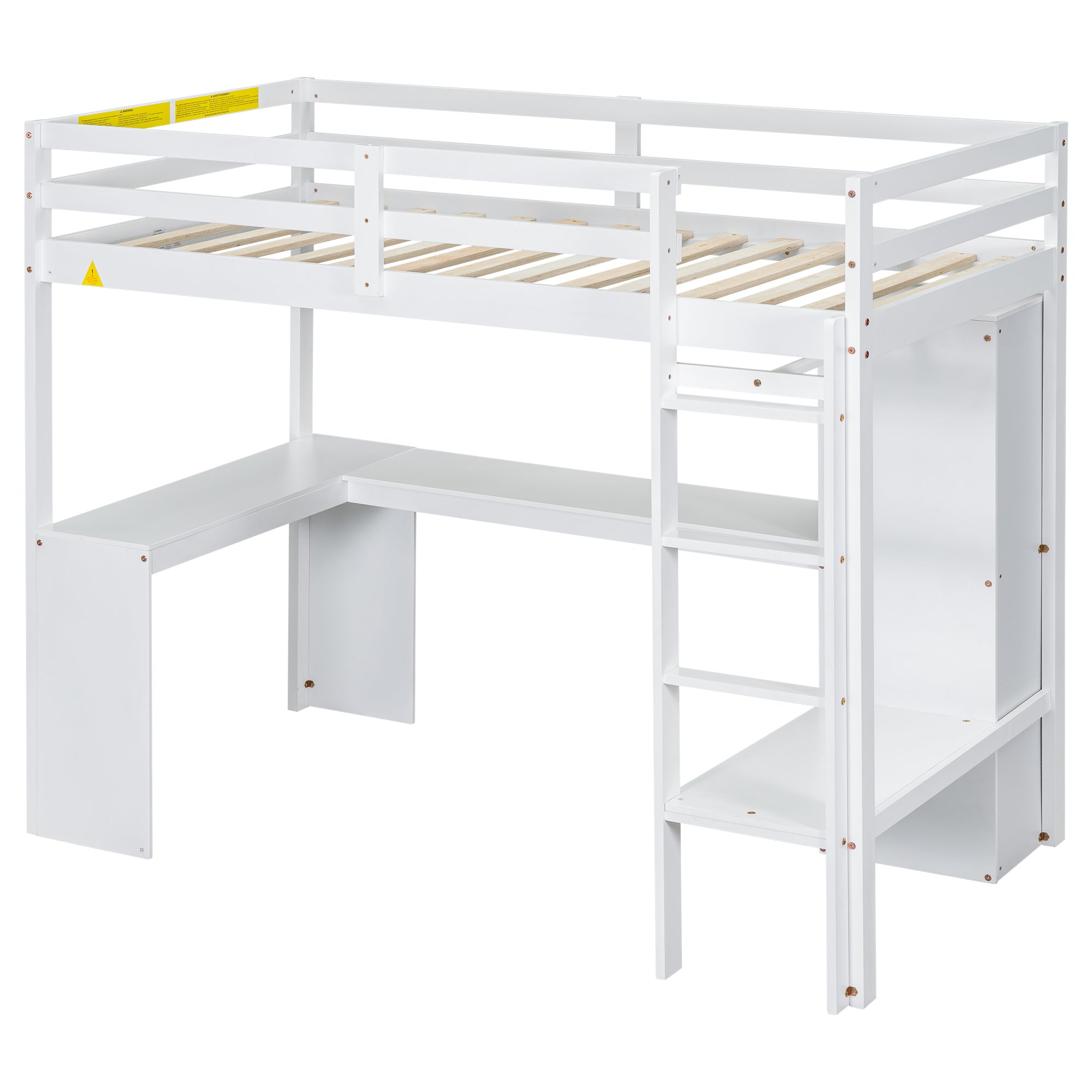 Twin Size Loft Bed with L-shaped Desk, Wardrobe and Storage Shelves, White